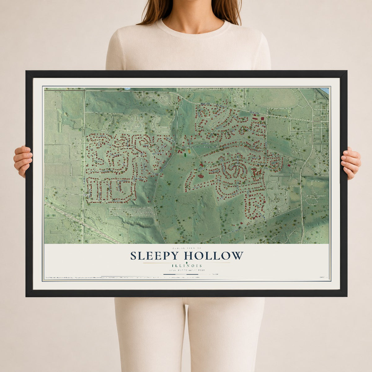 Map of Sleepy Hollow, Illinois, 24 x 36 inch print in a black wood frame