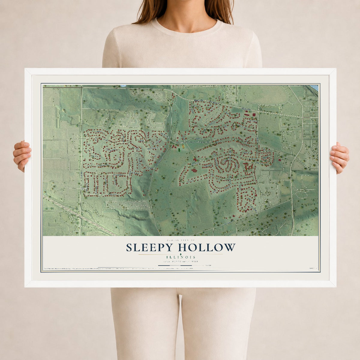 Map of Sleepy Hollow, Illinois, 24 x 36 inch print in a white wood frame