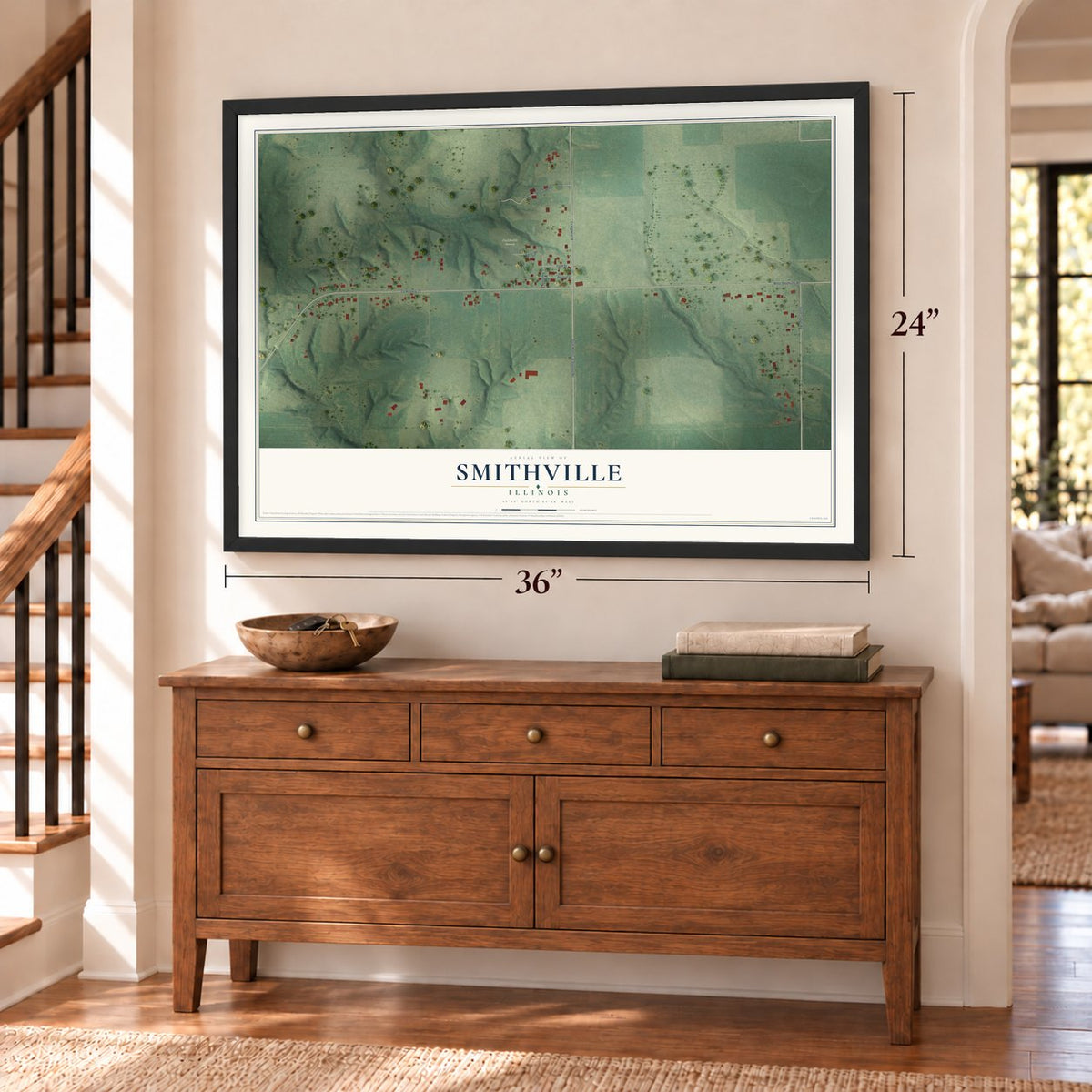 Smithville, Illinois map, 24 x 36 inch print in a black frame above a dresser by a staircase