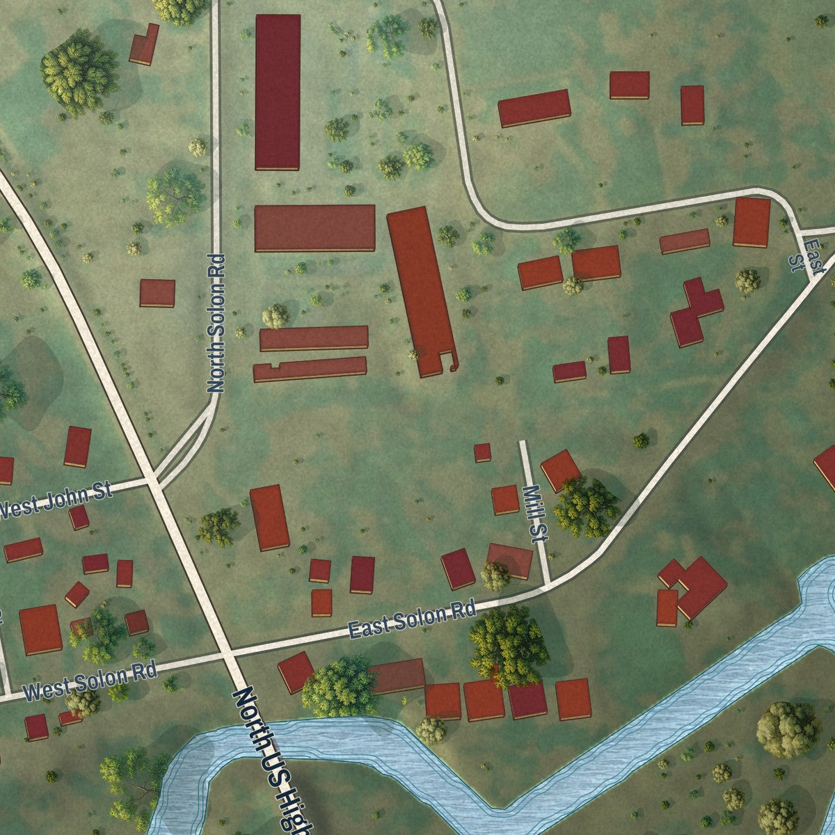 Close-up of the map of Solon Mills, Illinois print showing street and building detail