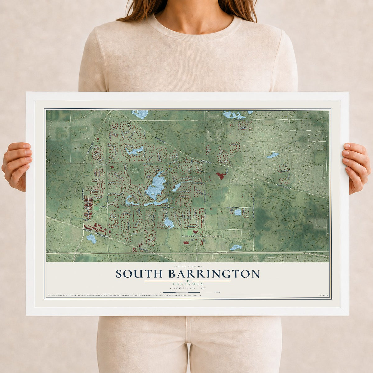 Map of South Barrington, Illinois, 12 x 18 inch print in a white wood frame