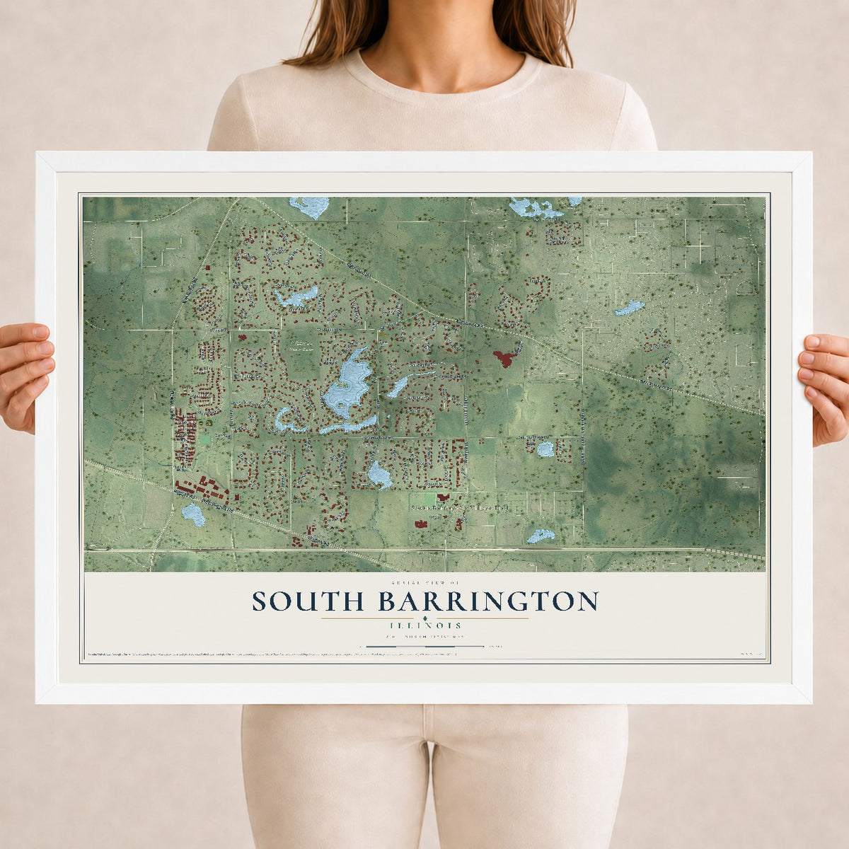 Map of South Barrington, Illinois, 18 x 24 inch print in a white wood frame