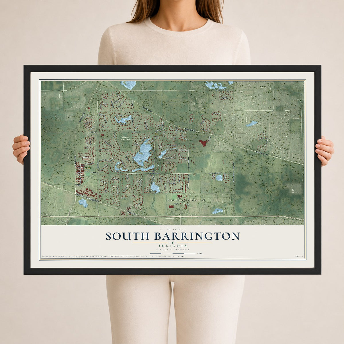 Map of South Barrington, Illinois, 24 x 36 inch print in a black wood frame