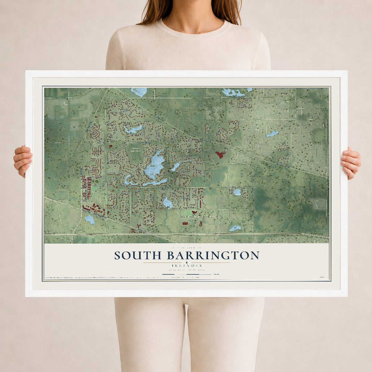 Map of South Barrington, Illinois, 24 x 36 inch print in a white wood frame