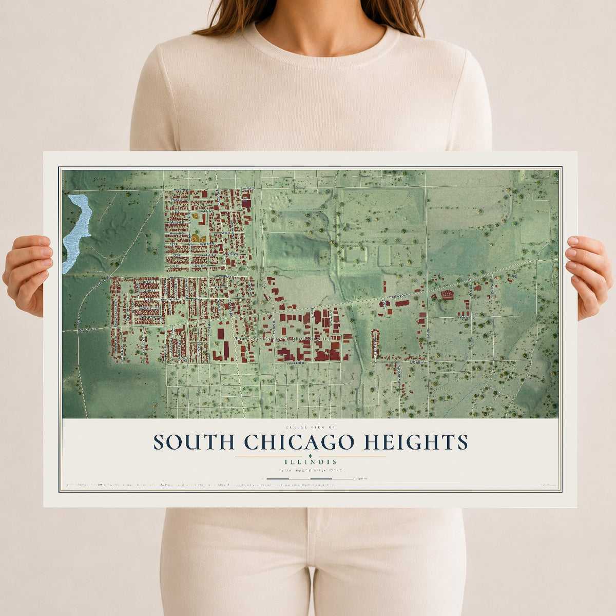 Map of South Chicago Heights, Illinois, 12 x 18 inch unframed archival matte print