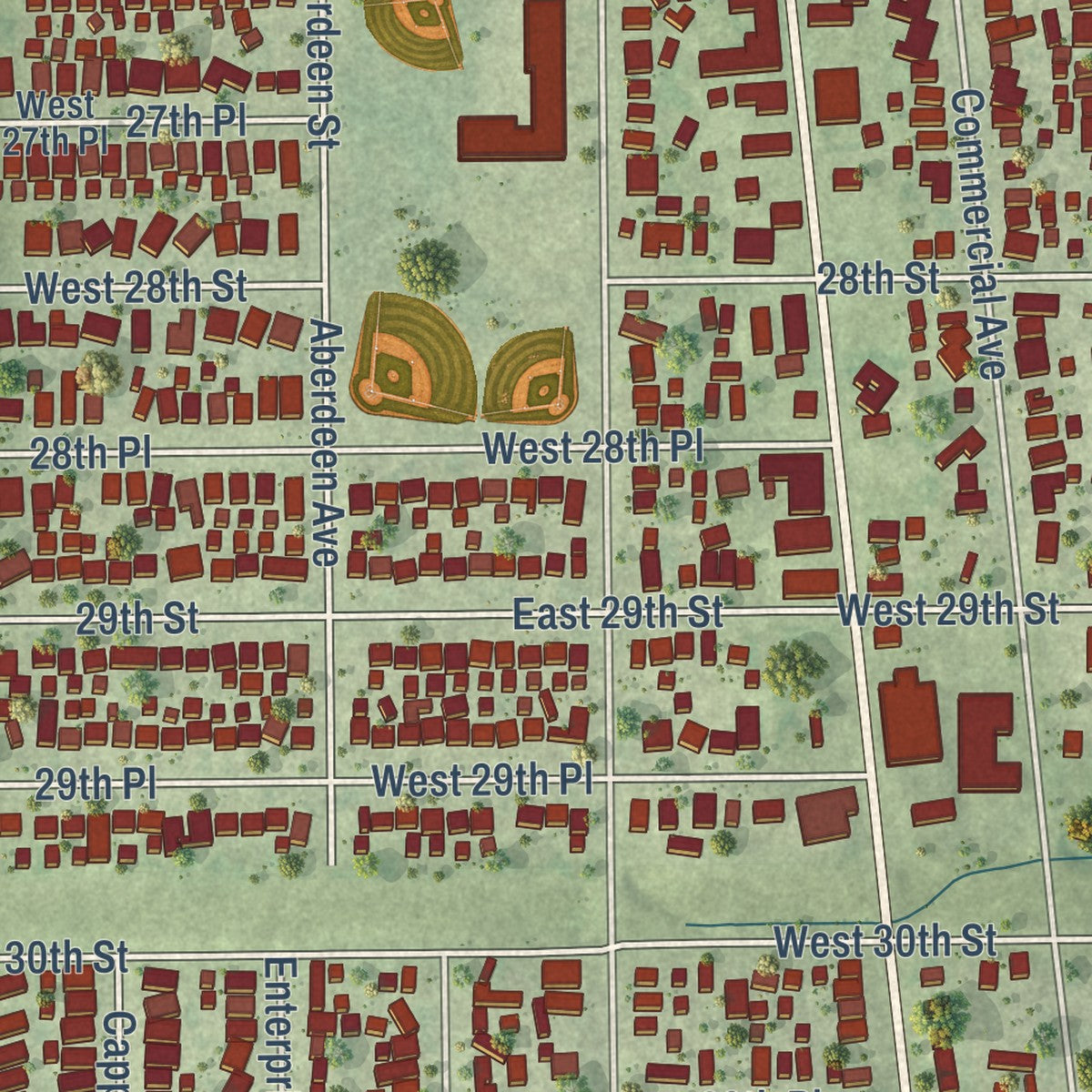 Close-up of the map of South Chicago Heights, Illinois print showing street and building detail