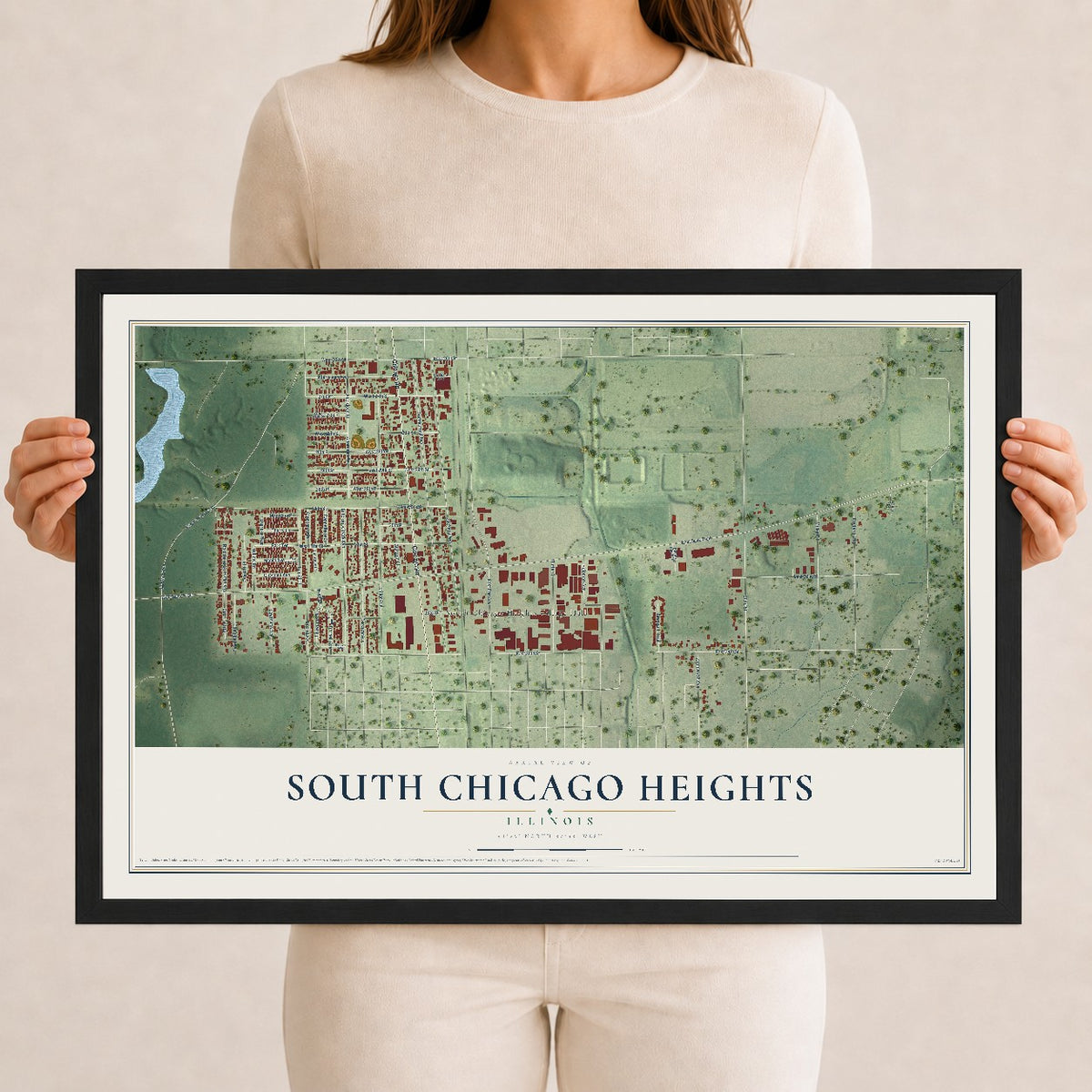 Map of South Chicago Heights, Illinois, 12 x 18 inch print in a black wood frame