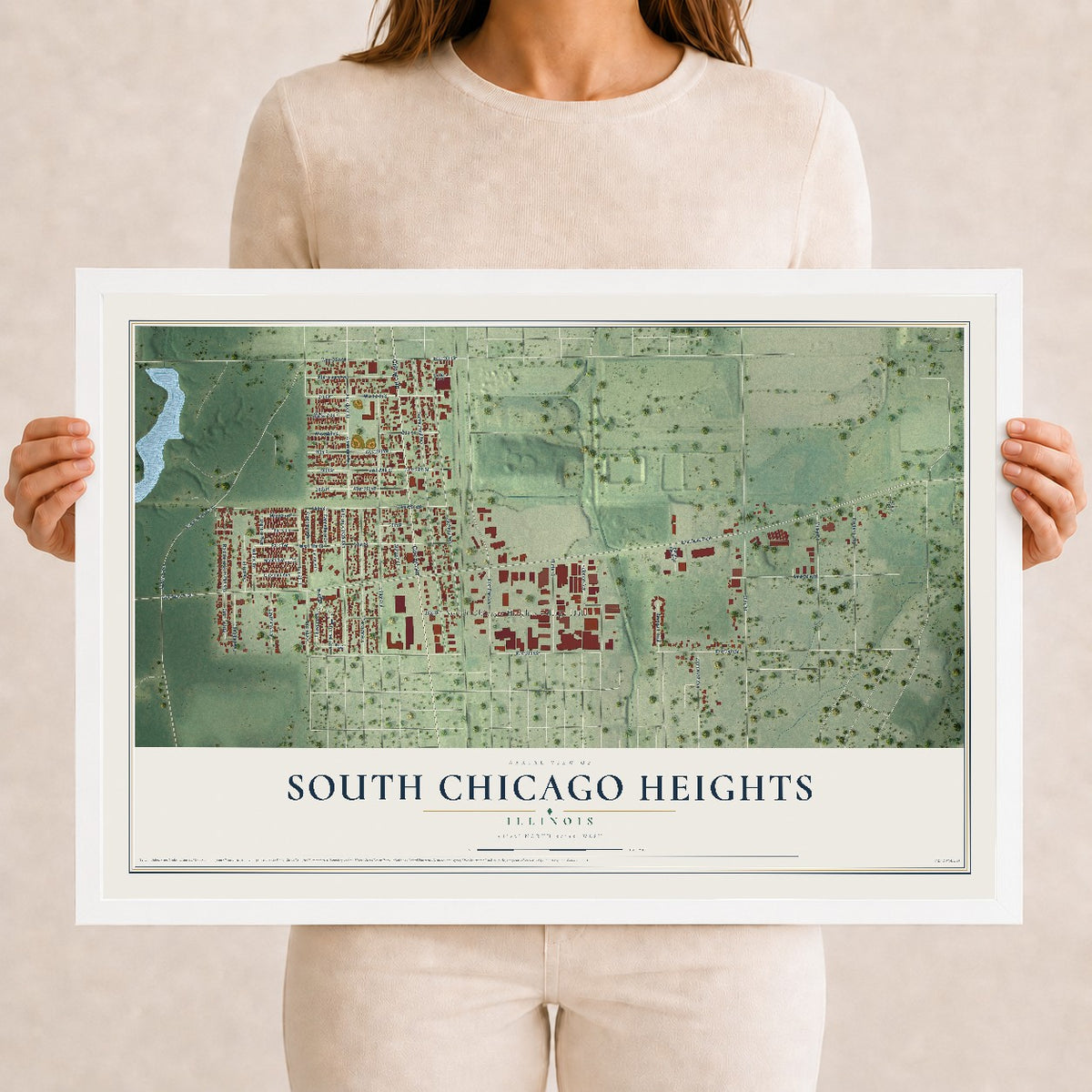 Map of South Chicago Heights, Illinois, 12 x 18 inch print in a white wood frame