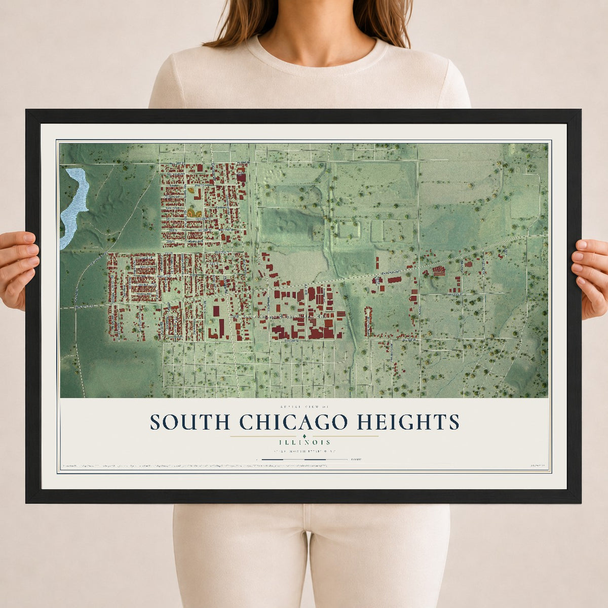 Map of South Chicago Heights, Illinois, 18 x 24 inch print in a black wood frame