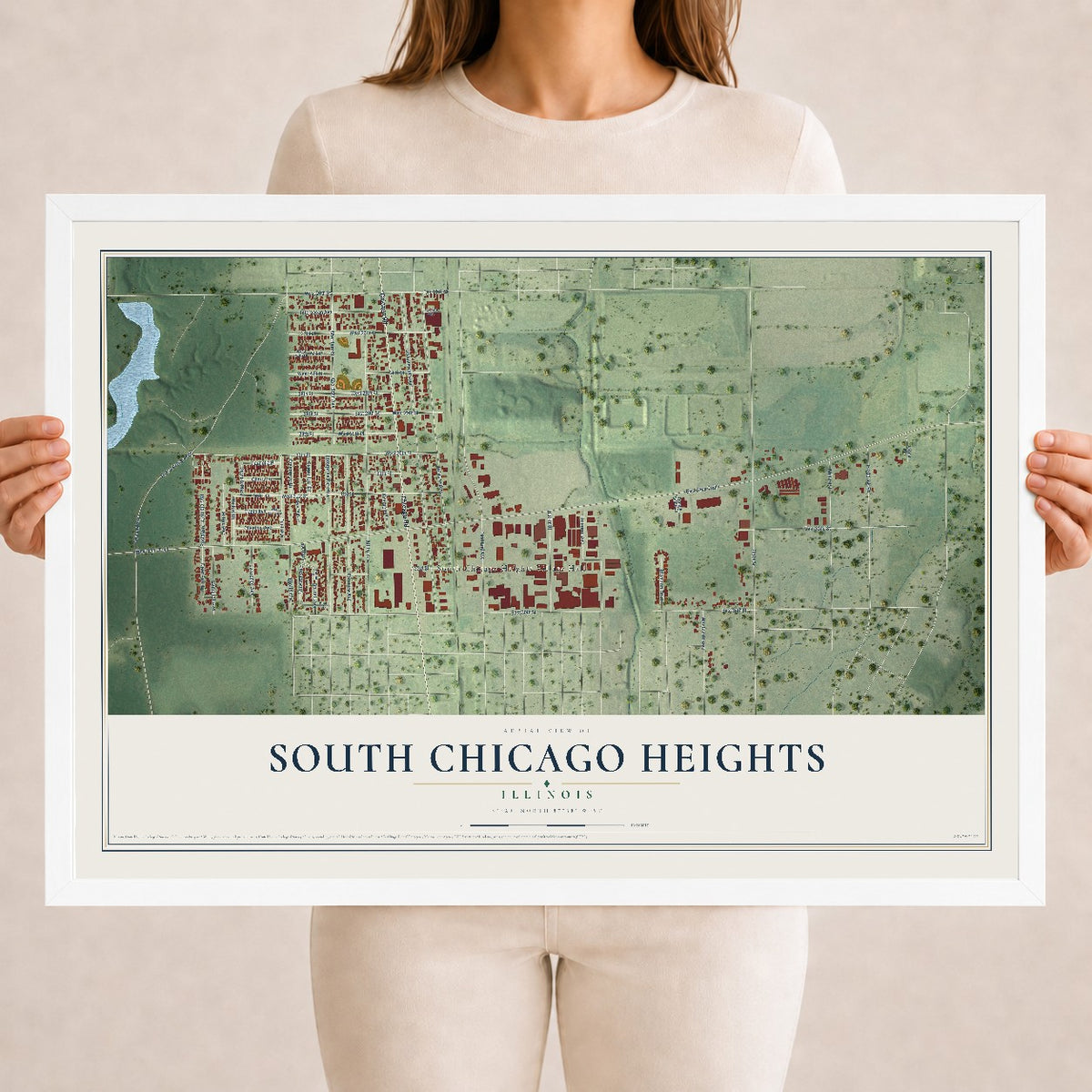 Map of South Chicago Heights, Illinois, 18 x 24 inch print in a white wood frame