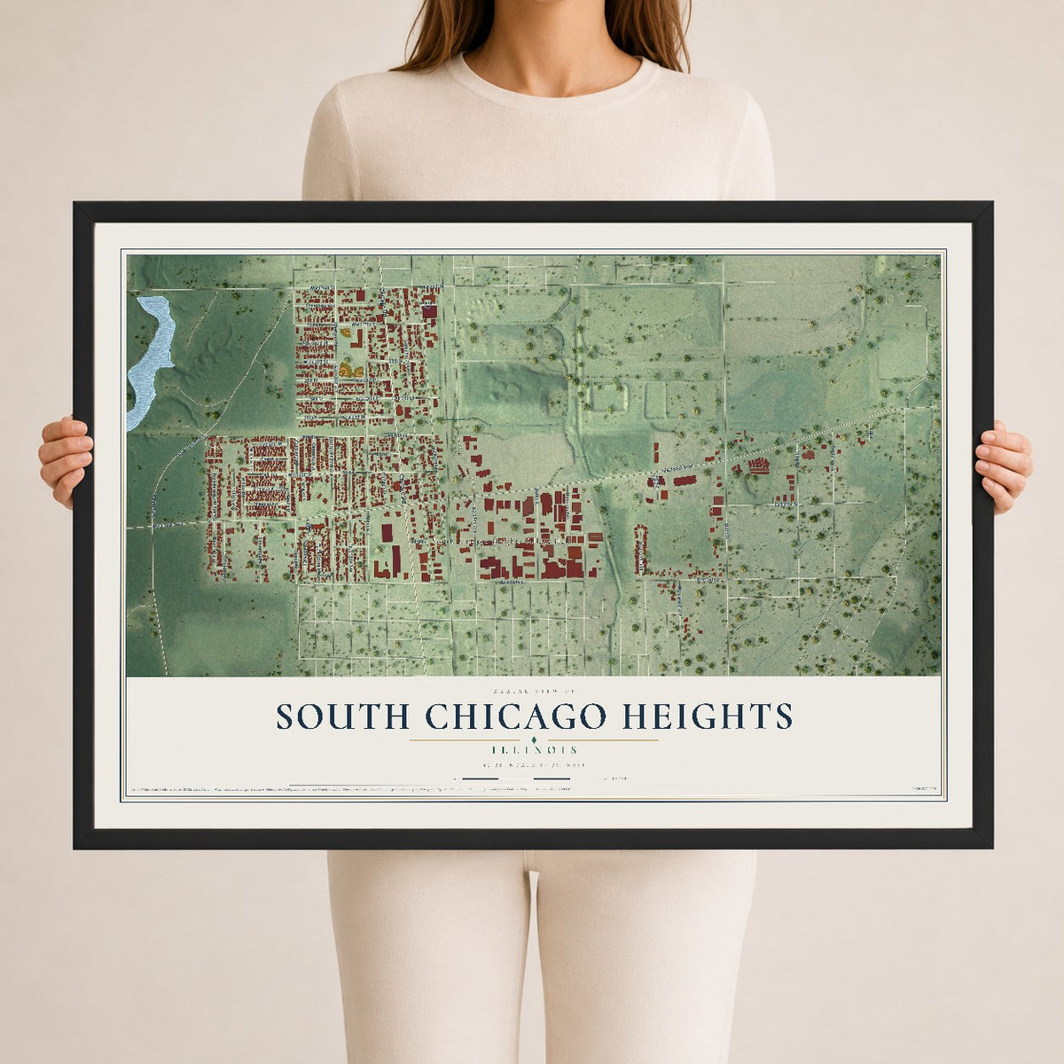 Map of South Chicago Heights, Illinois, 24 x 36 inch print in a black wood frame