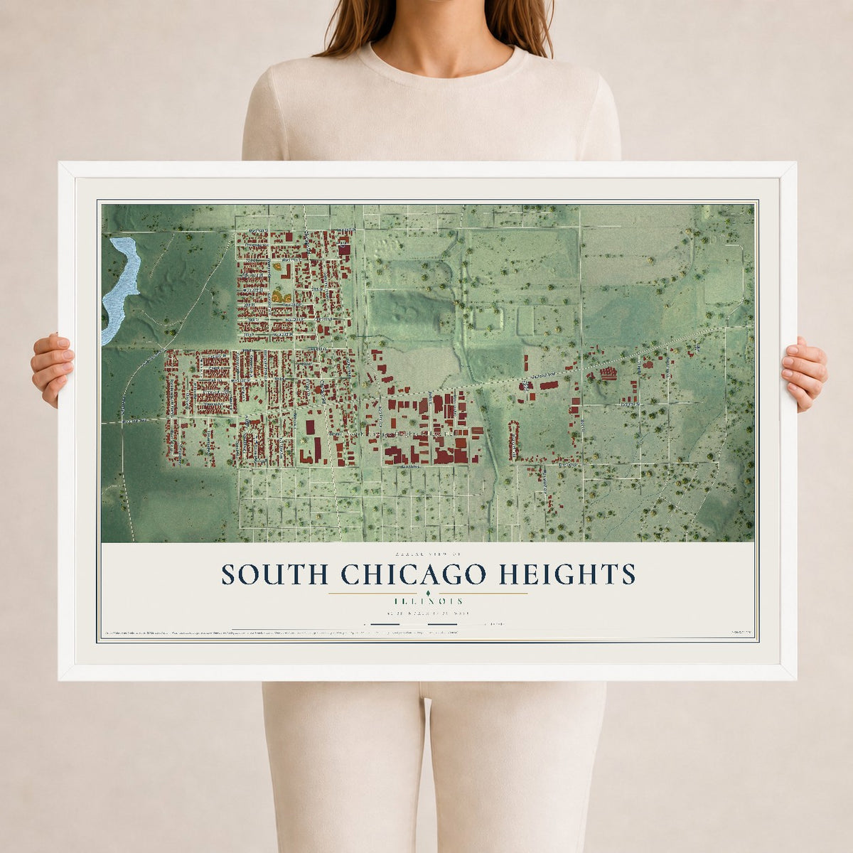 Map of South Chicago Heights, Illinois, 24 x 36 inch print in a white wood frame