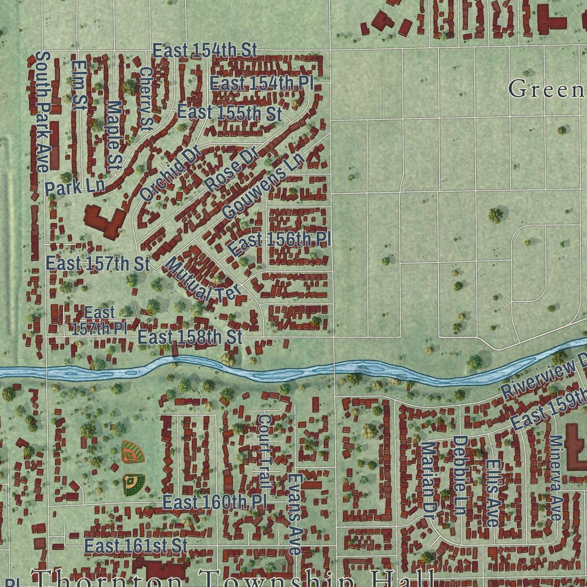 Second close-up of the map of South Holland, Illinois print showing more streets and buildings