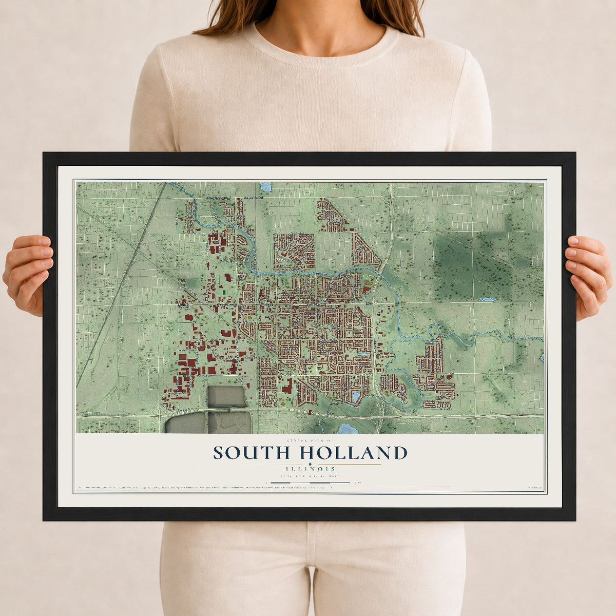 Map of South Holland, Illinois, 12 x 18 inch print in a black wood frame