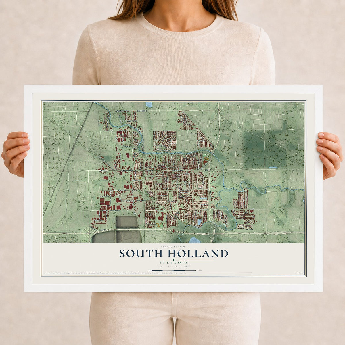 Map of South Holland, Illinois, 12 x 18 inch print in a white wood frame