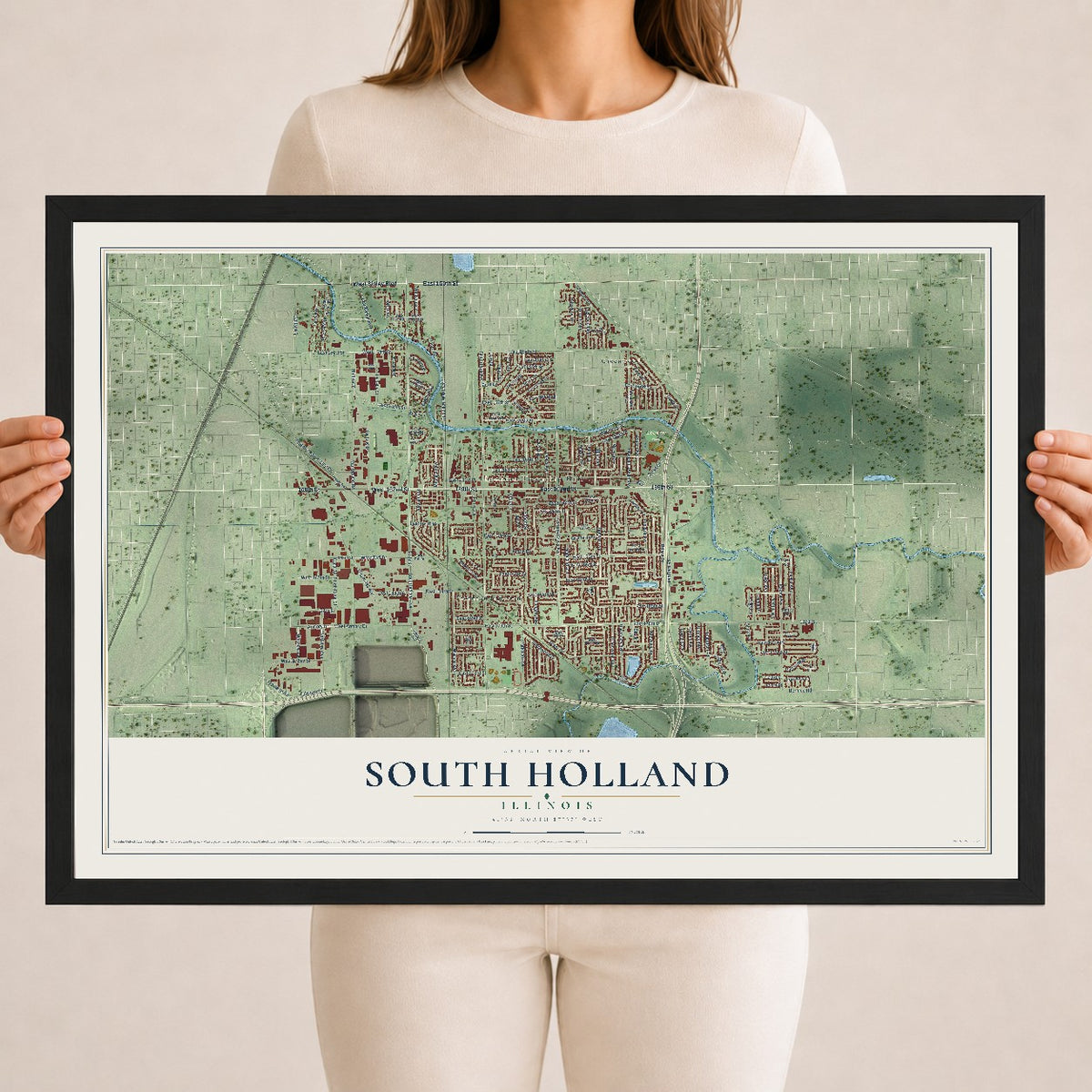 Map of South Holland, Illinois, 18 x 24 inch print in a black wood frame