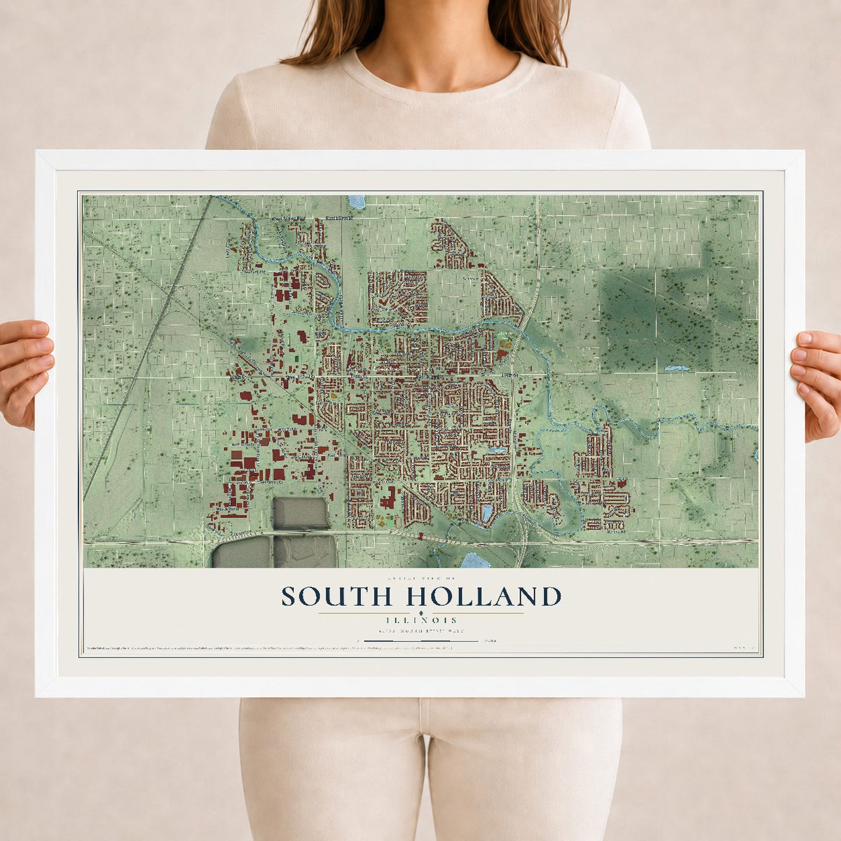 Map of South Holland, Illinois, 18 x 24 inch print in a white wood frame