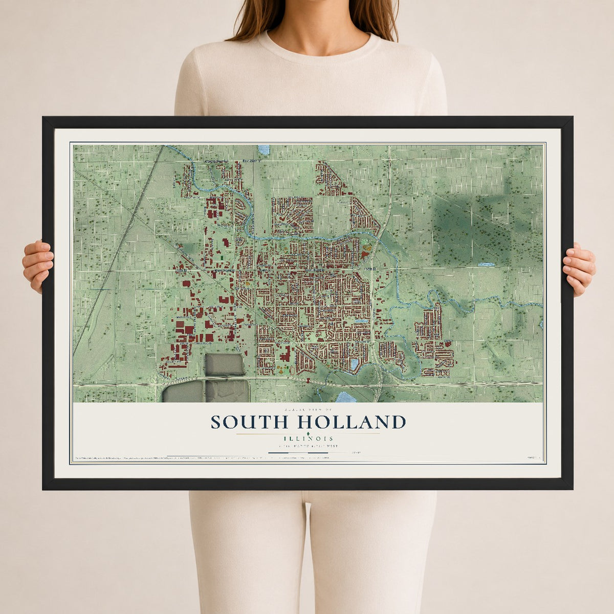 Map of South Holland, Illinois, 24 x 36 inch print in a black wood frame