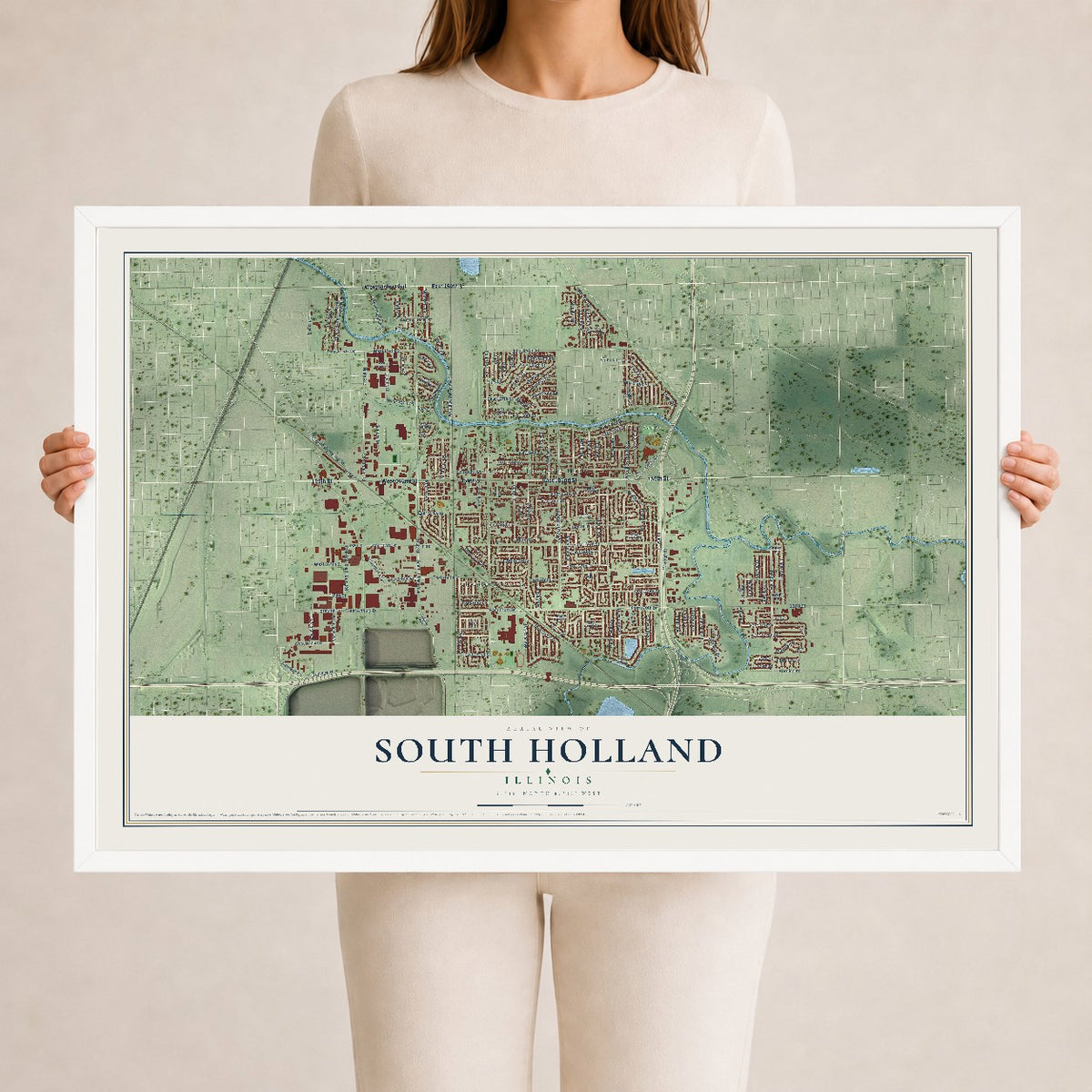 Map of South Holland, Illinois, 24 x 36 inch print in a white wood frame