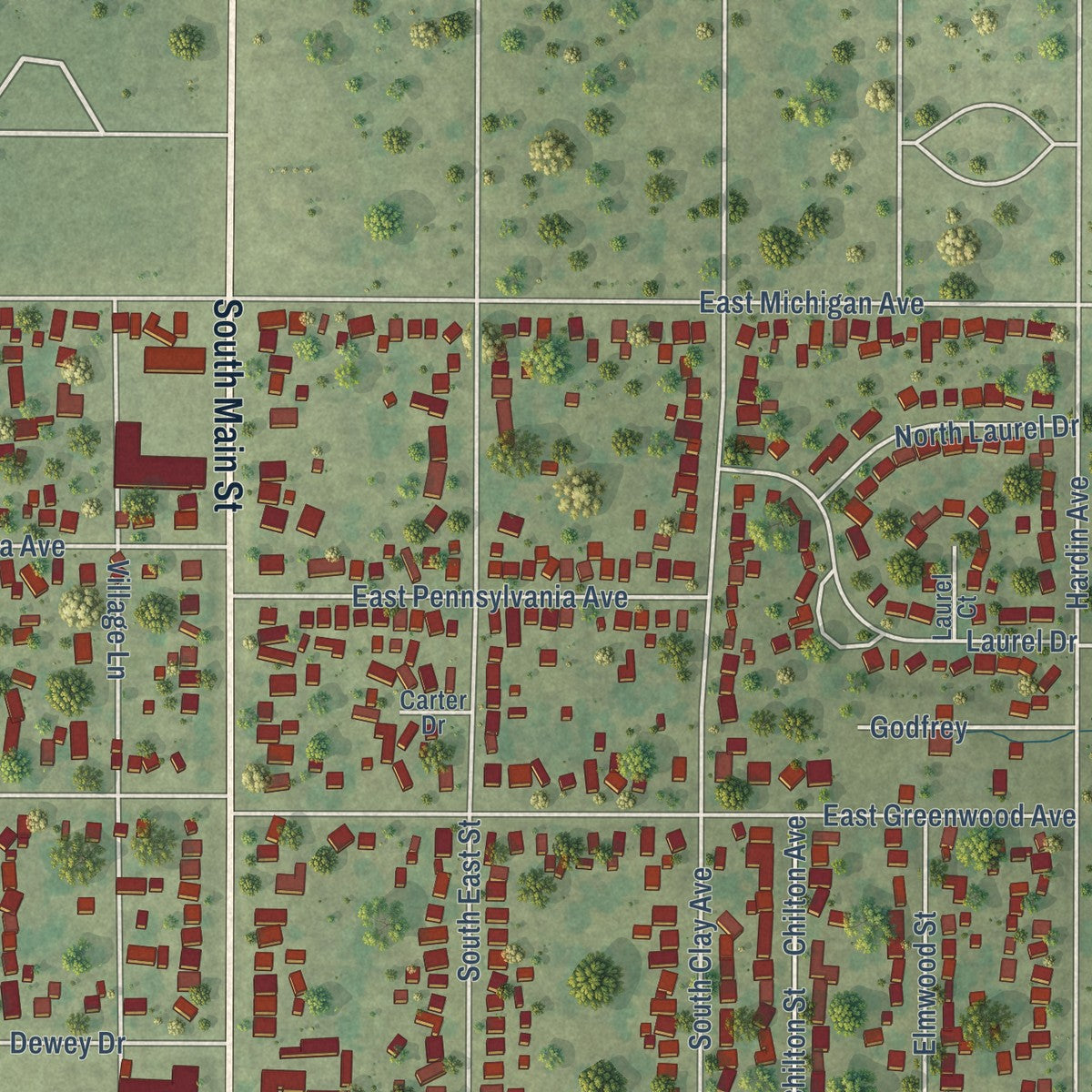 Close-up of the map of South Jacksonville, Illinois print showing street and building detail