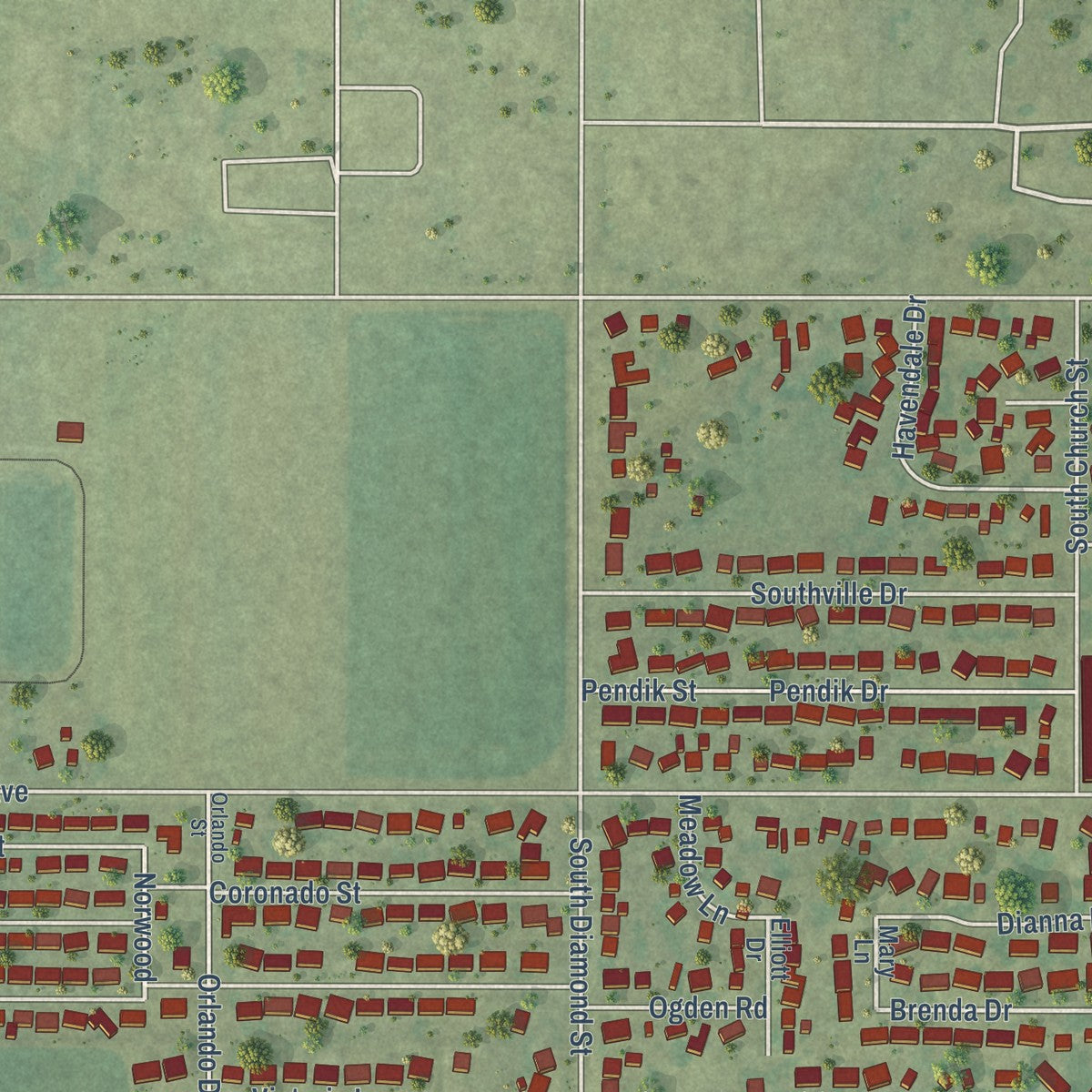Second close-up of the map of South Jacksonville, Illinois print showing more streets and buildings