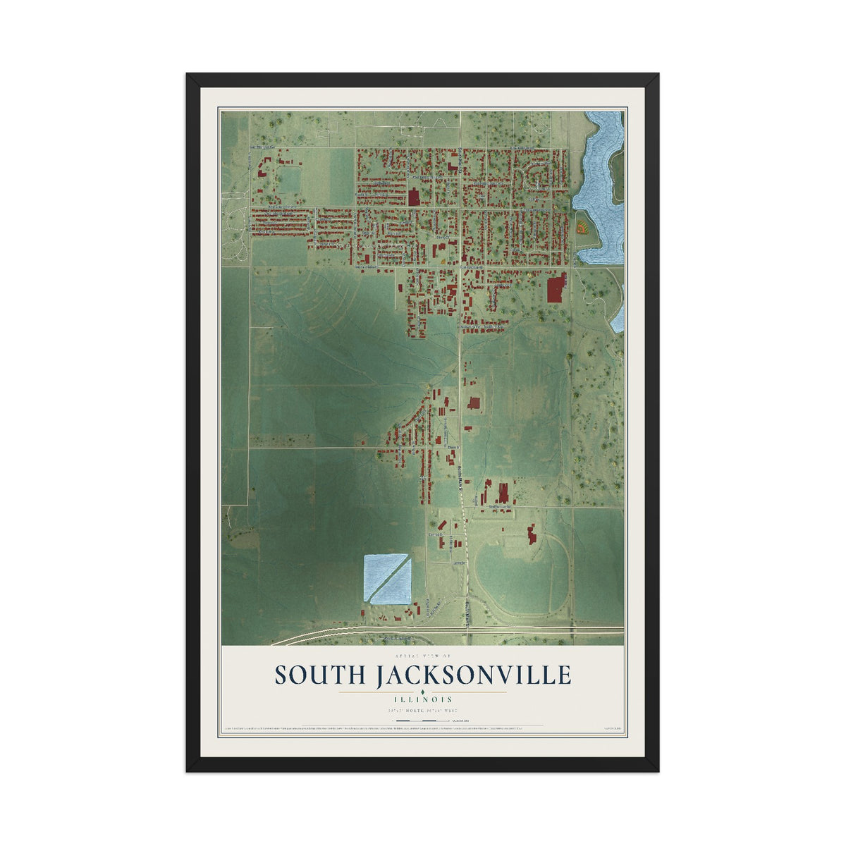 Map of South Jacksonville, Illinois, 12 x 18 inch print in a black wood frame