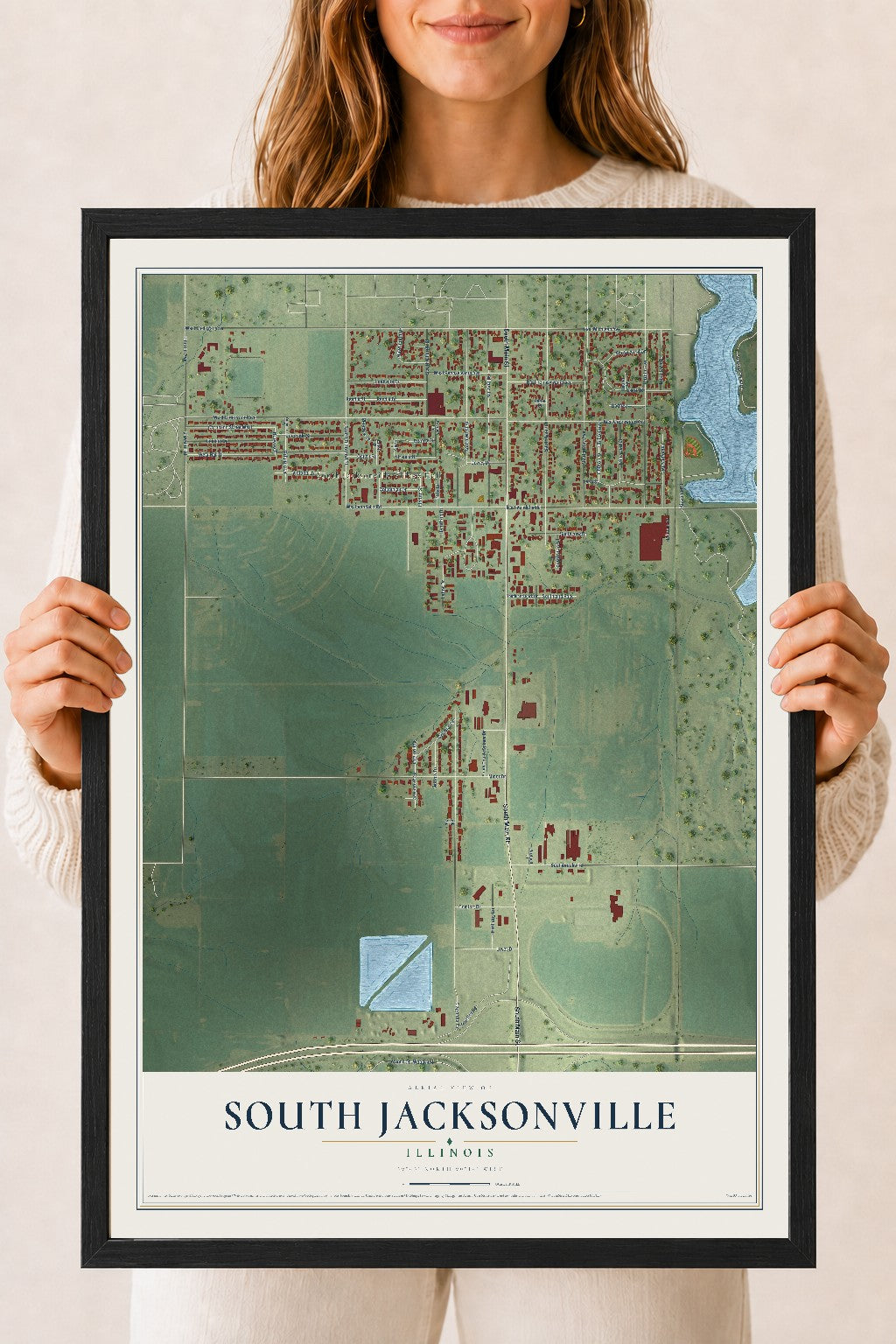Map of South Jacksonville, Illinois, 18 x 24 inch print in a black wood frame