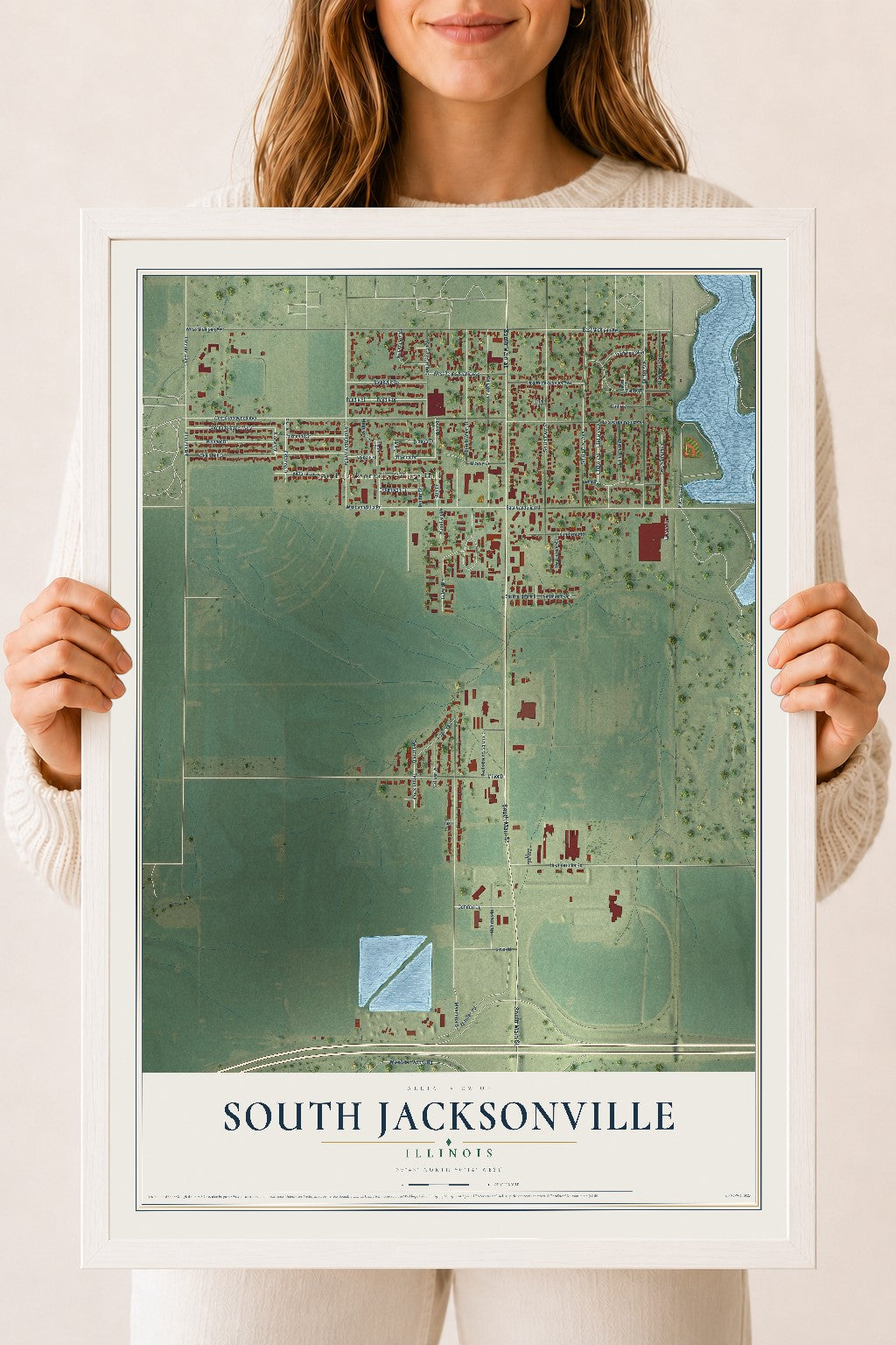 Map of South Jacksonville, Illinois, 18 x 24 inch print in a white wood frame