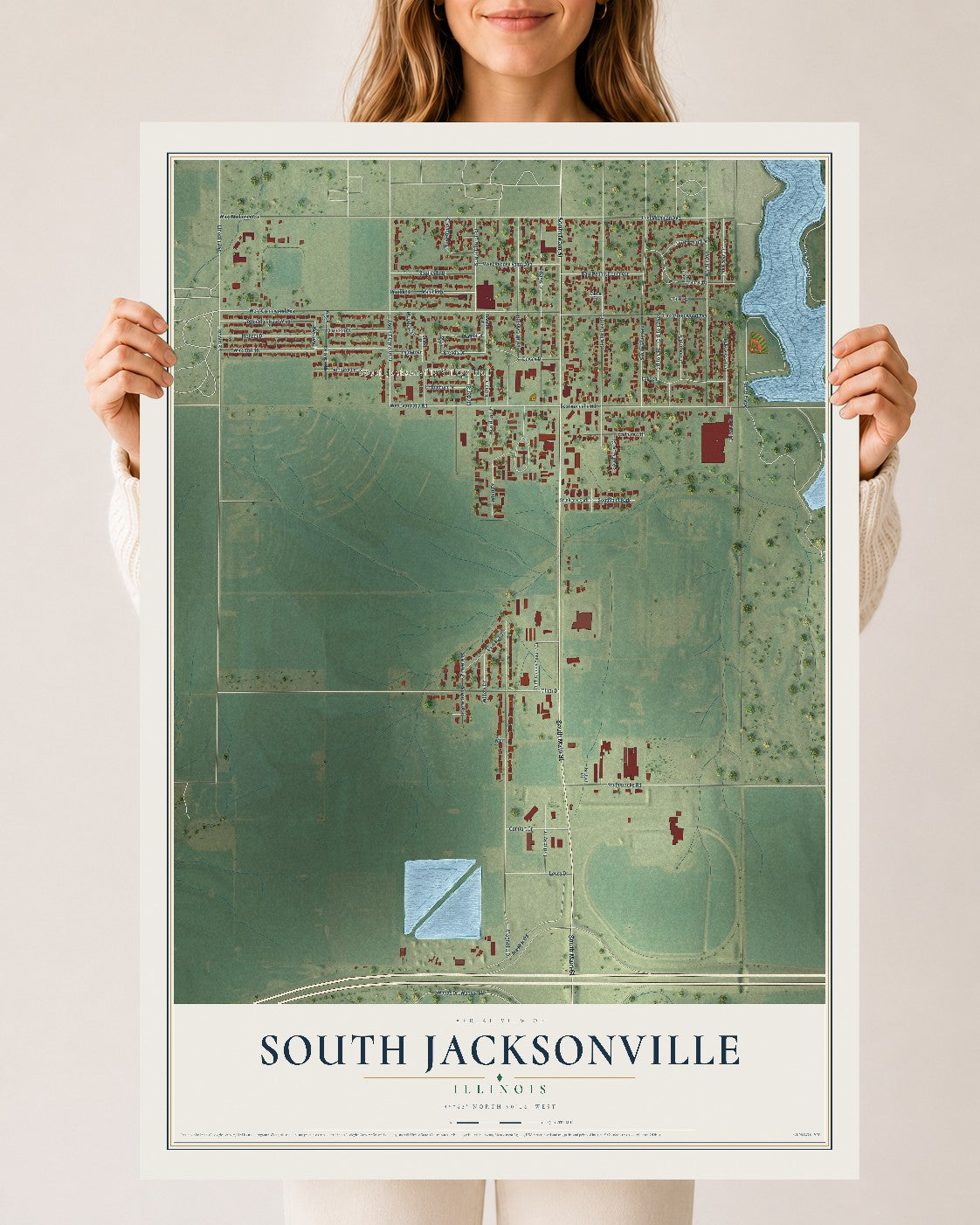 Map of South Jacksonville, Illinois, 24 x 36 inch unframed archival matte print