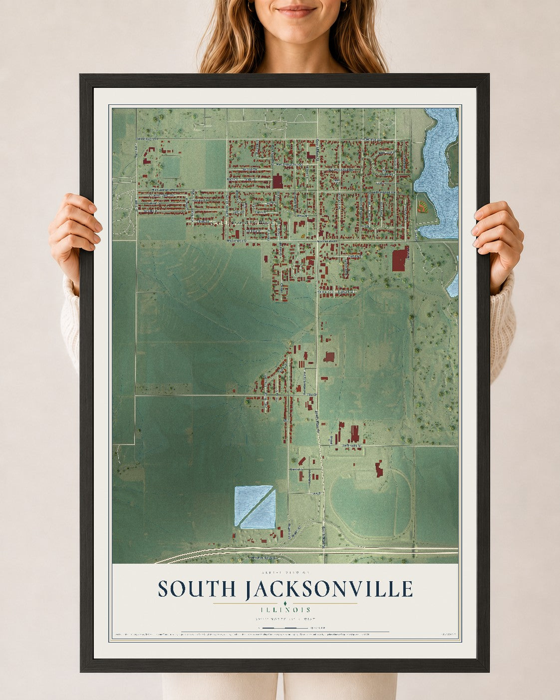 Map of South Jacksonville, Illinois, 24 x 36 inch print in a black wood frame