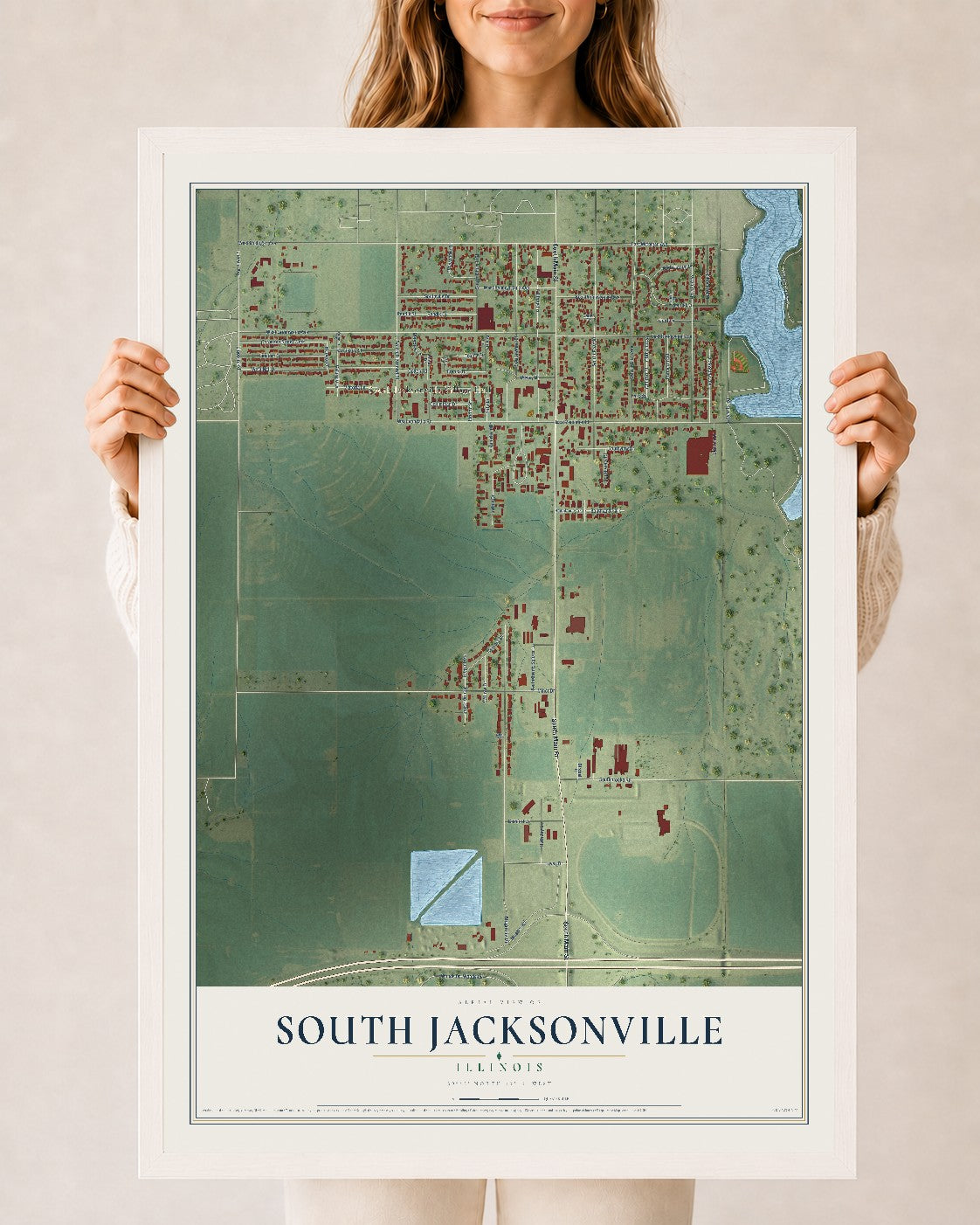 Map of South Jacksonville, Illinois, 24 x 36 inch print in a white wood frame