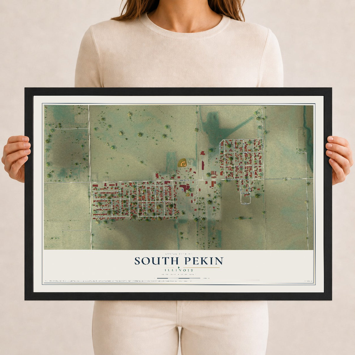 Map of South Pekin, Illinois, 12 x 18 inch print in a black wood frame