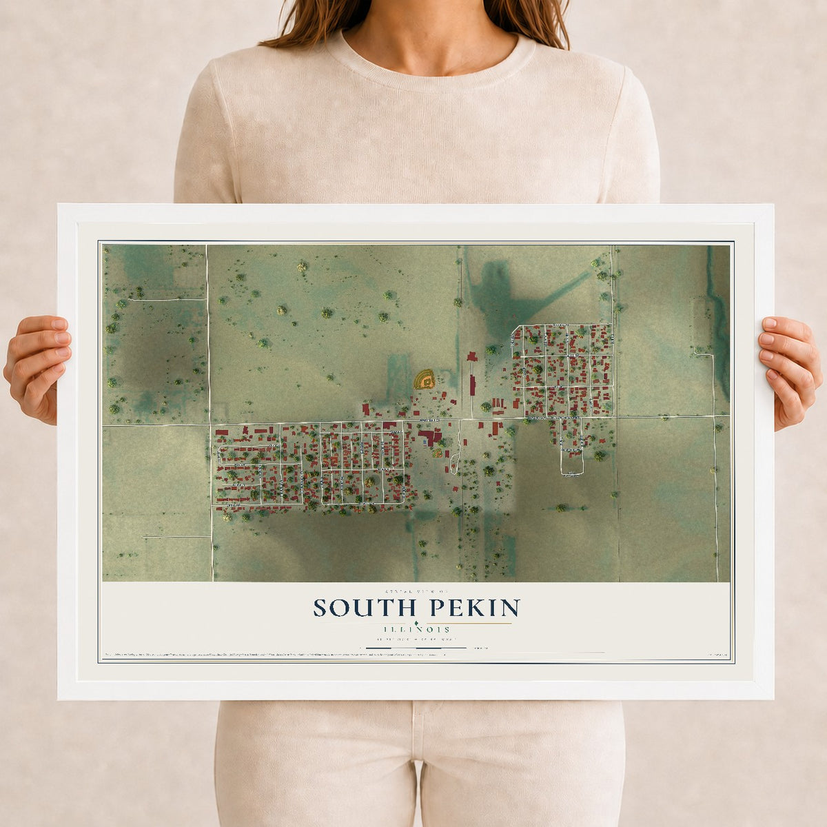 Map of South Pekin, Illinois, 12 x 18 inch print in a white wood frame