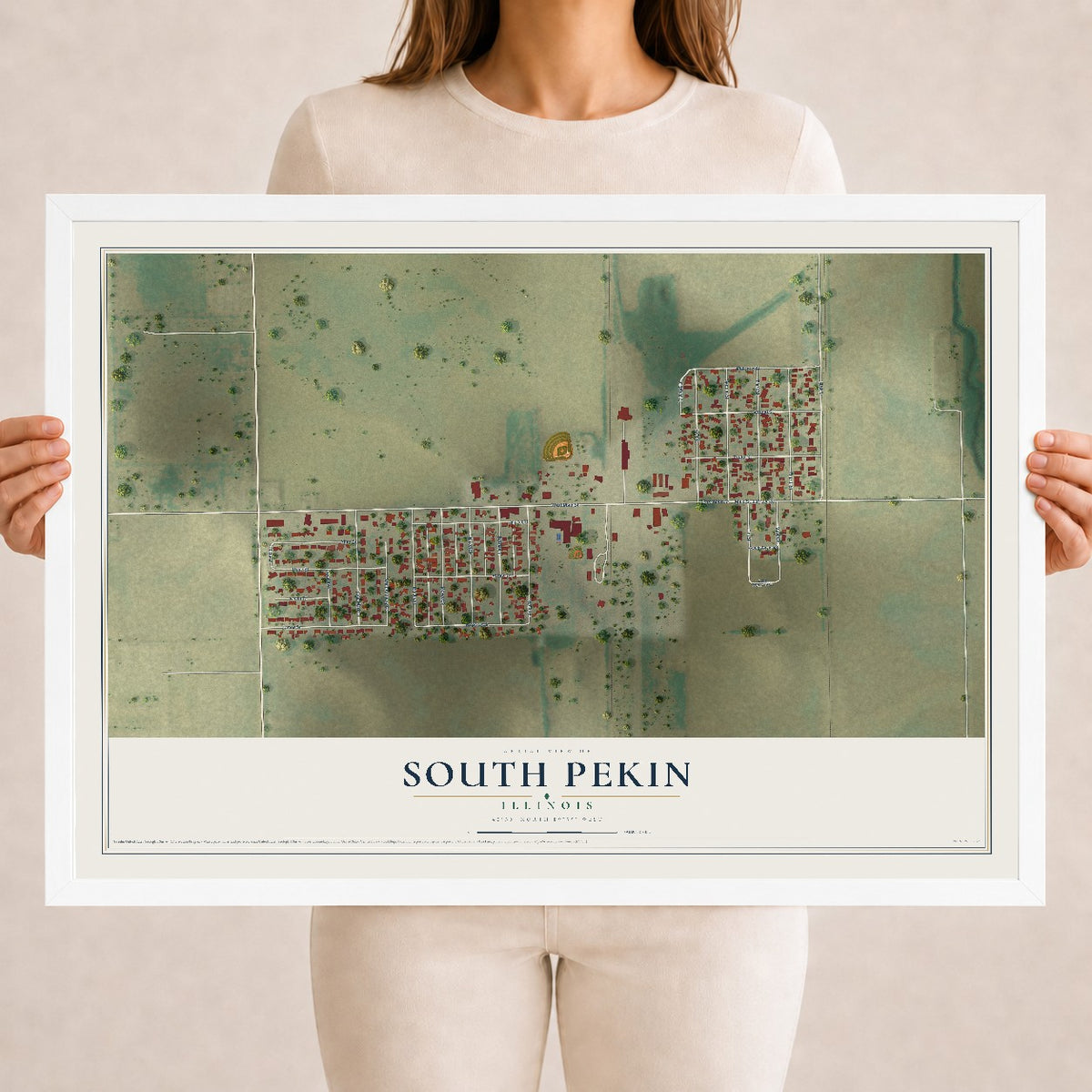 Map of South Pekin, Illinois, 18 x 24 inch print in a white wood frame