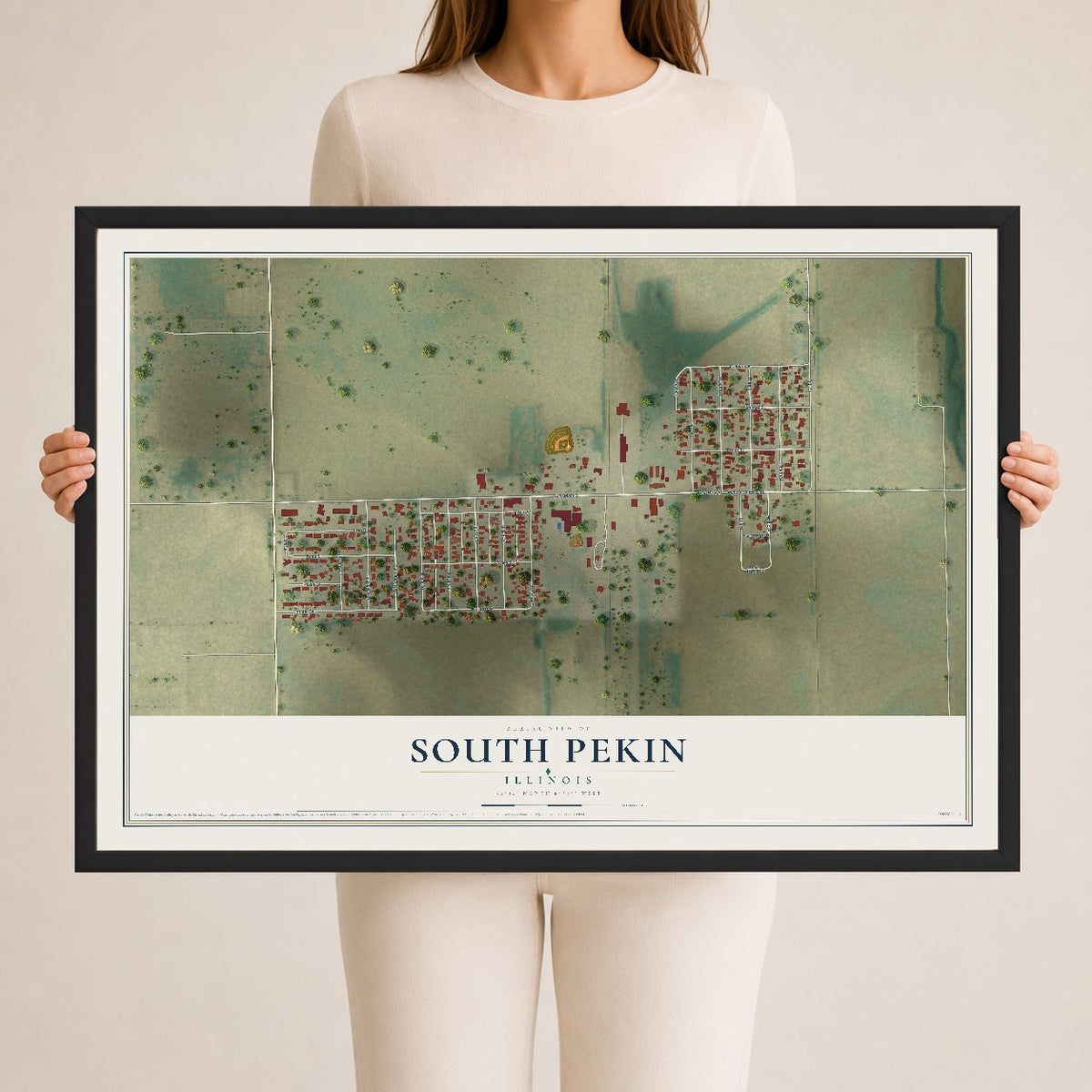 Map of South Pekin, Illinois, 24 x 36 inch print in a black wood frame