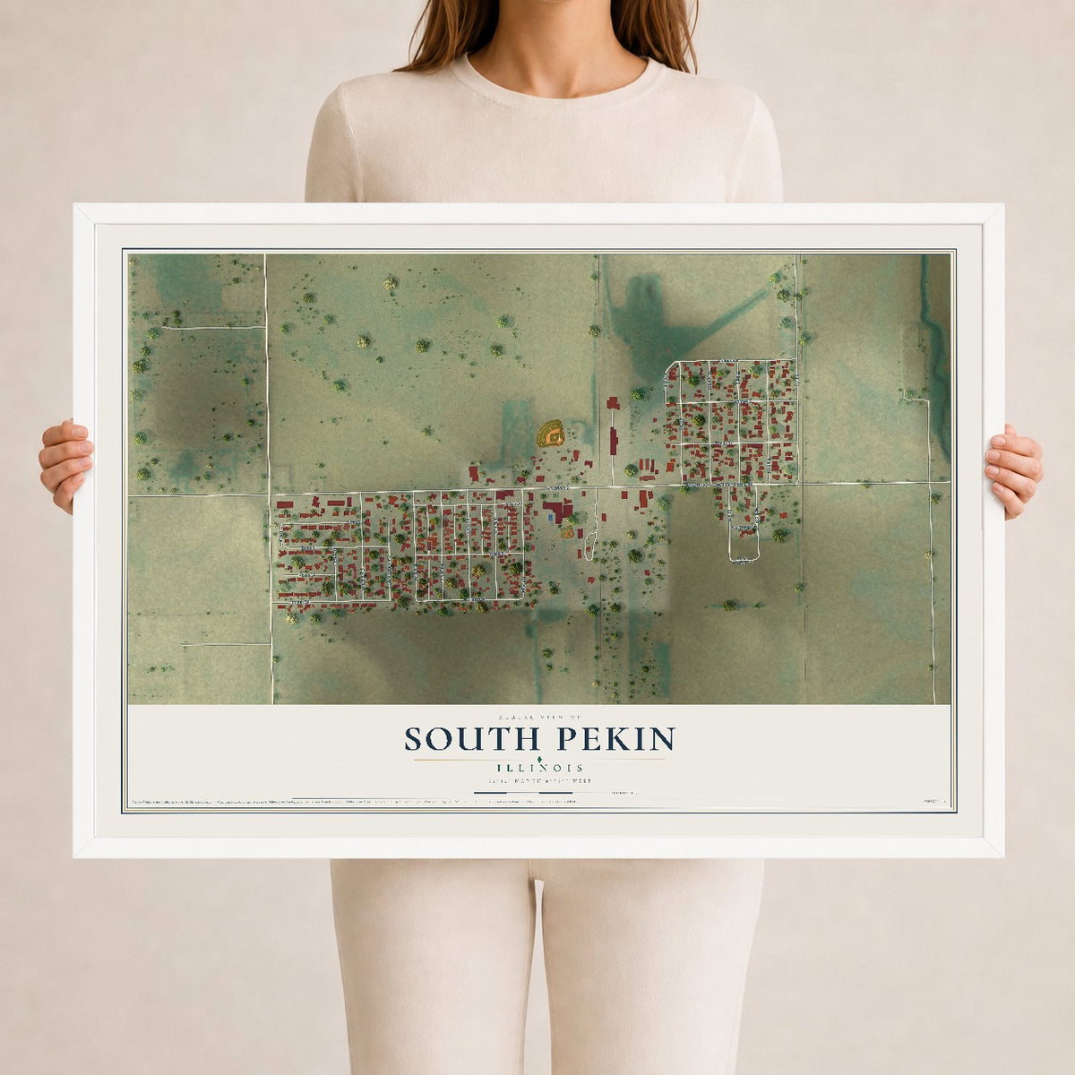 Map of South Pekin, Illinois, 24 x 36 inch print in a white wood frame