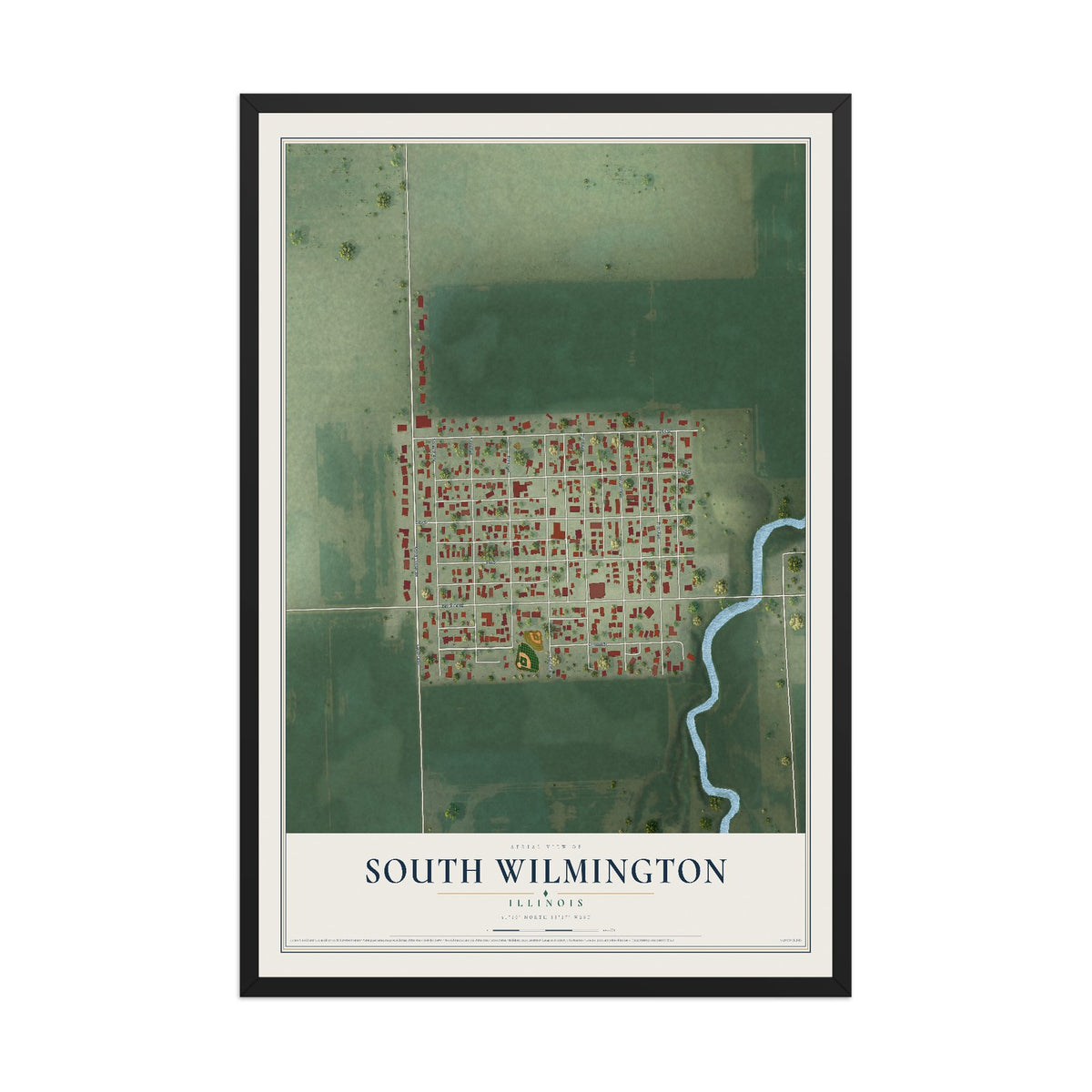 Map of South Wilmington, Illinois, 12 x 18 inch print in a black wood frame