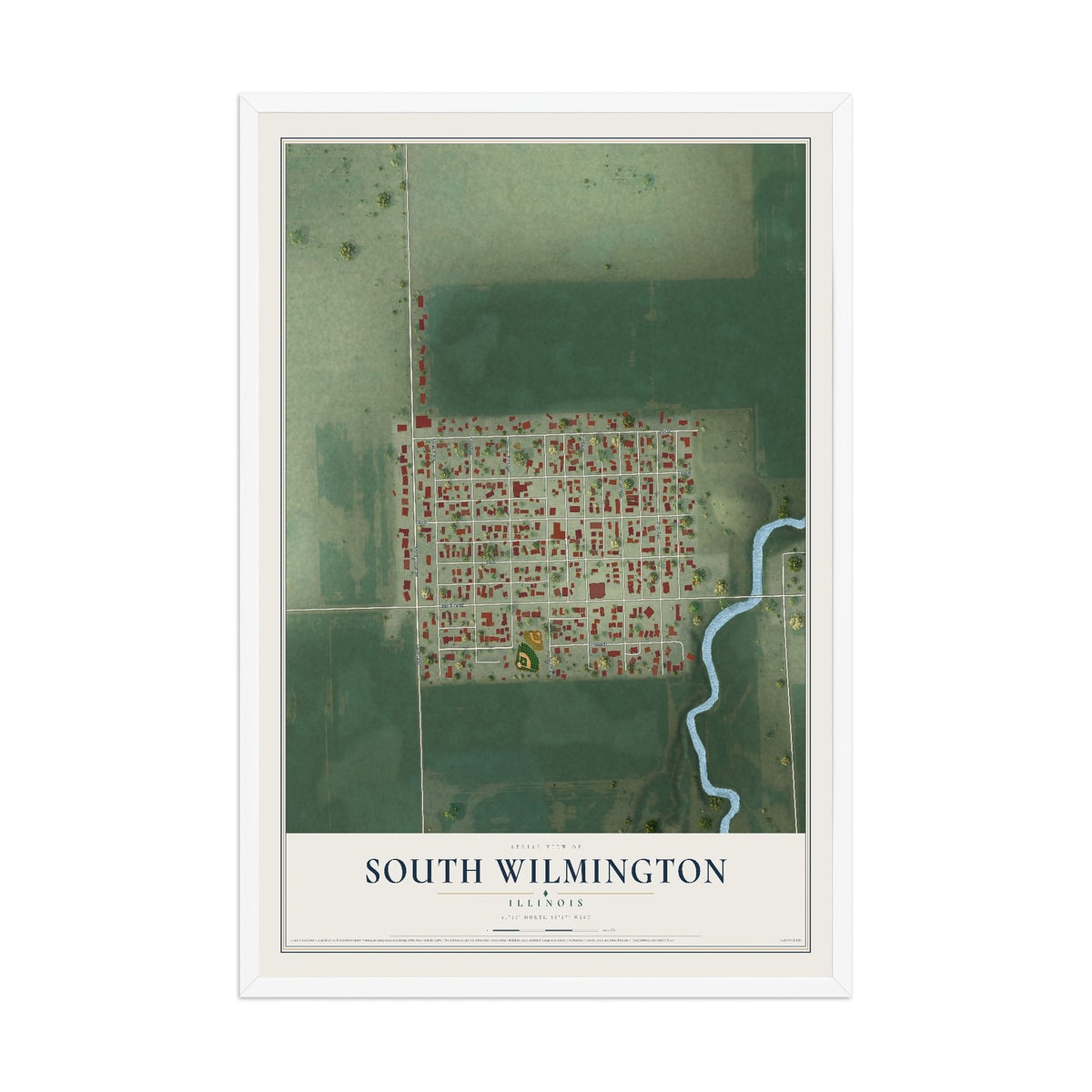 Map of South Wilmington, Illinois, 12 x 18 inch print in a white wood frame