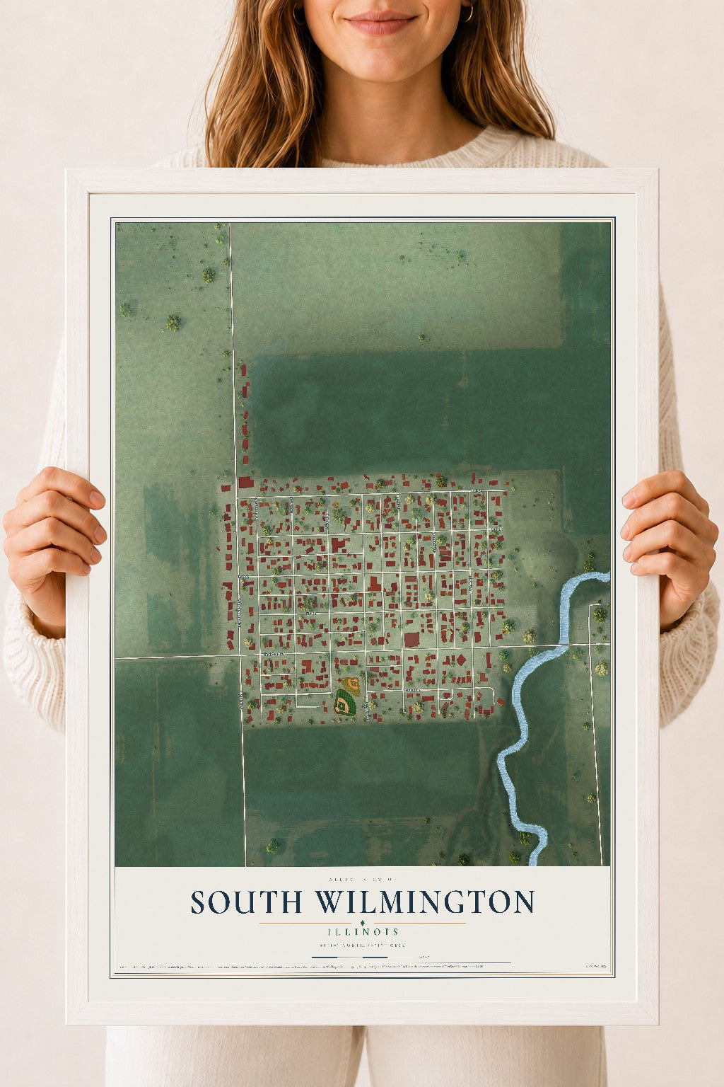Map of South Wilmington, Illinois, 18 x 24 inch print in a white wood frame