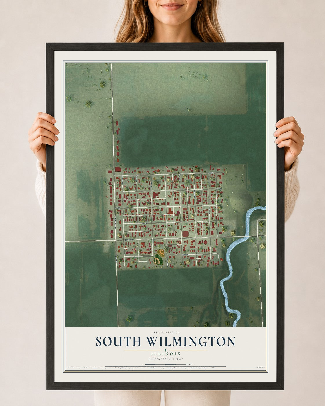 Map of South Wilmington, Illinois, 24 x 36 inch print in a black wood frame