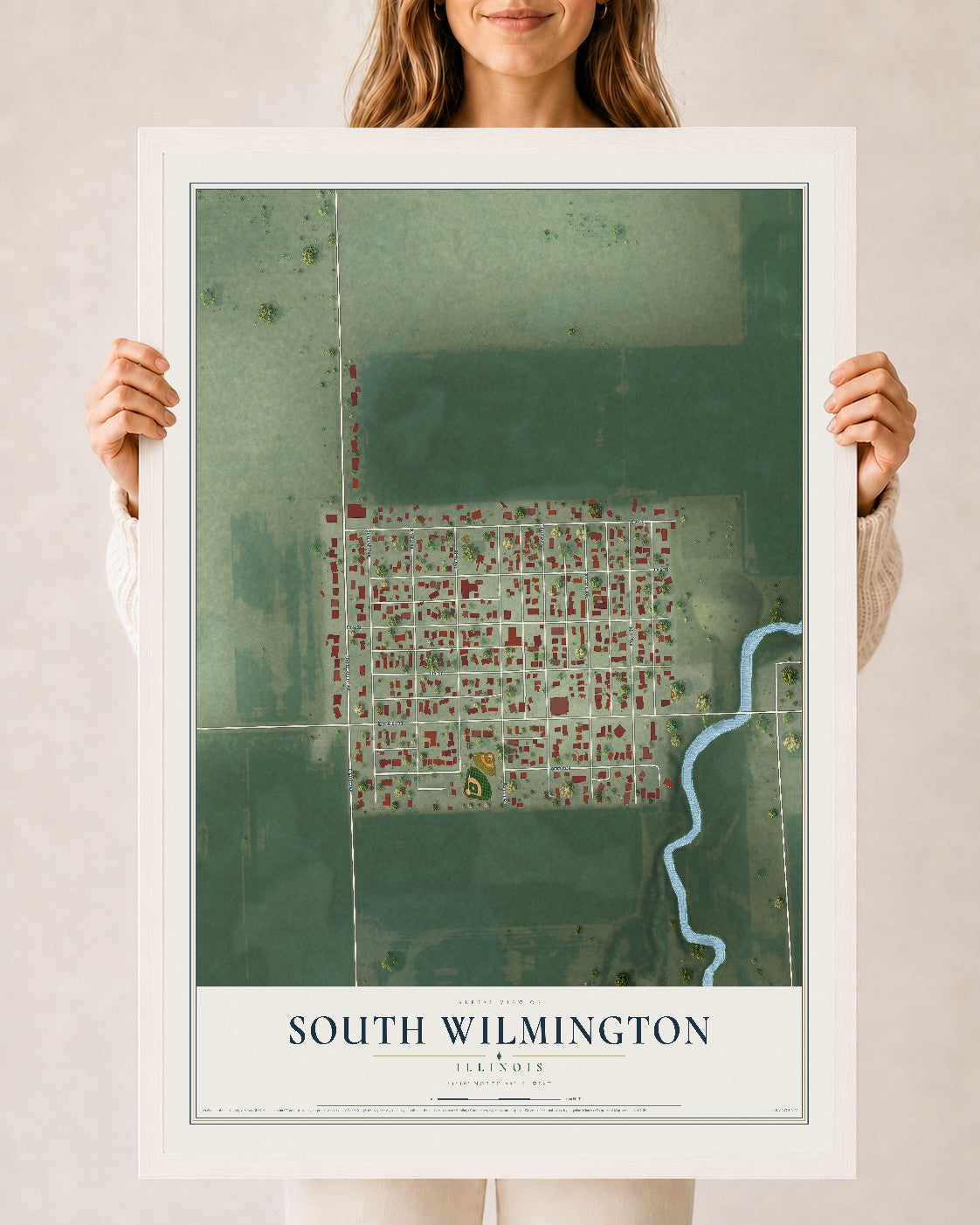 Map of South Wilmington, Illinois, 24 x 36 inch print in a white wood frame
