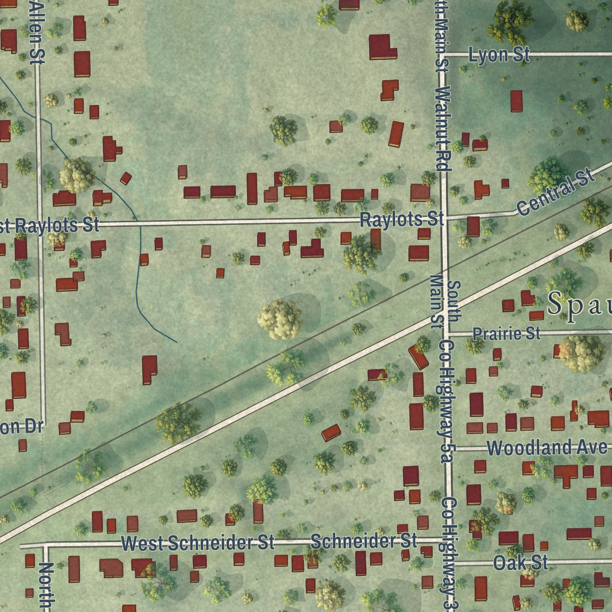 Close-up of the map of Spaulding, Illinois print showing street and building detail