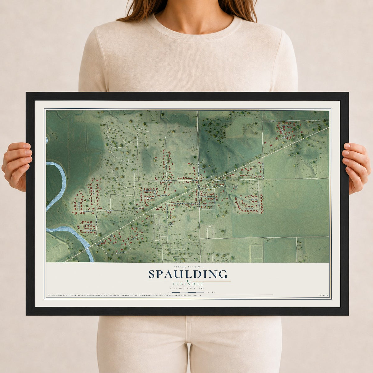 Map of Spaulding, Illinois, 12 x 18 inch print in a black wood frame