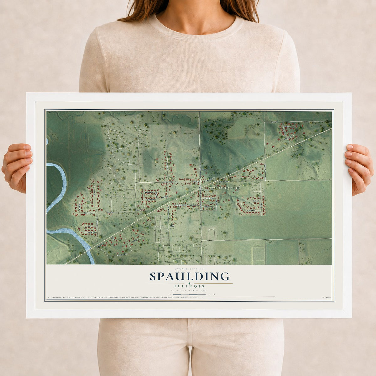 Map of Spaulding, Illinois, 12 x 18 inch print in a white wood frame