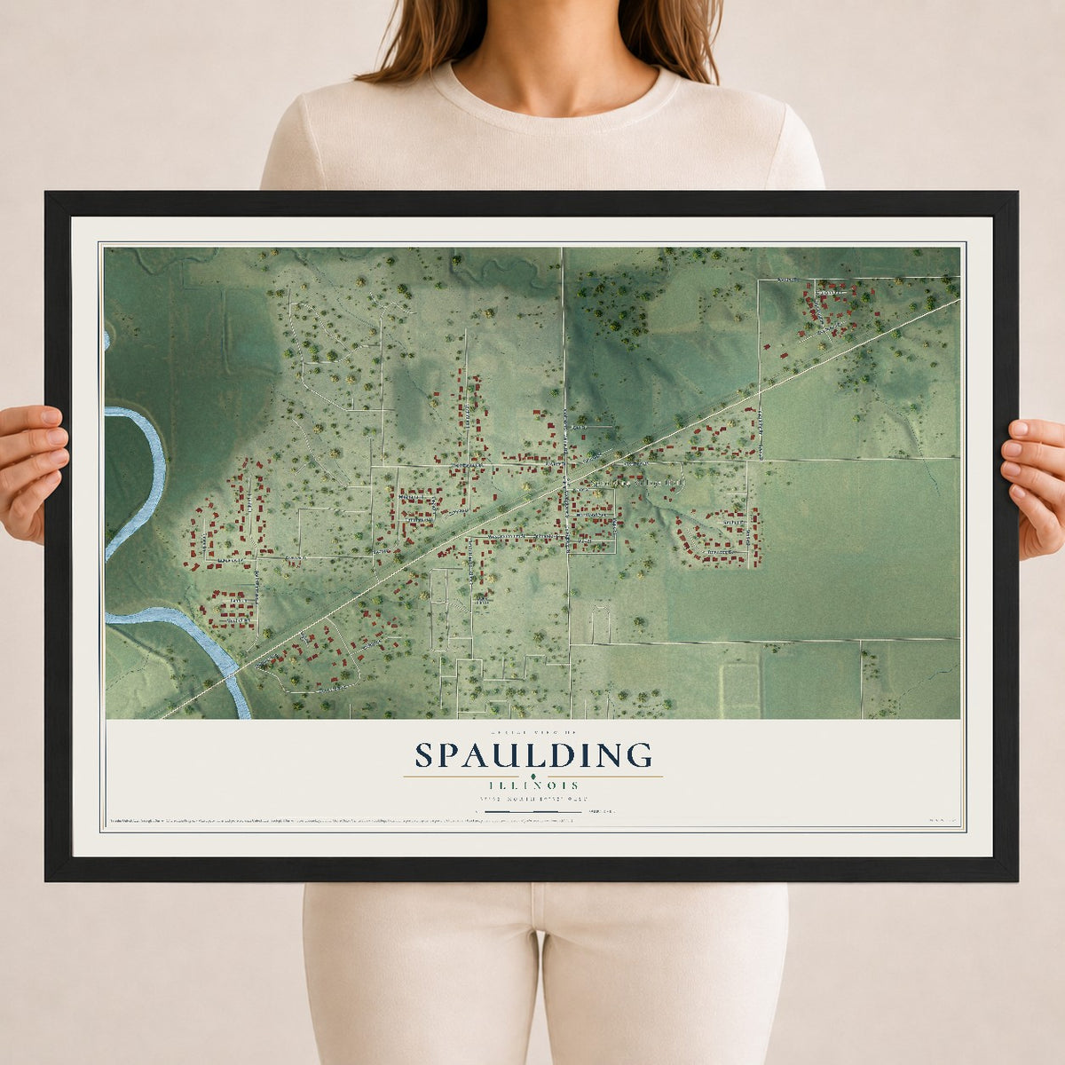 Map of Spaulding, Illinois, 18 x 24 inch print in a black wood frame