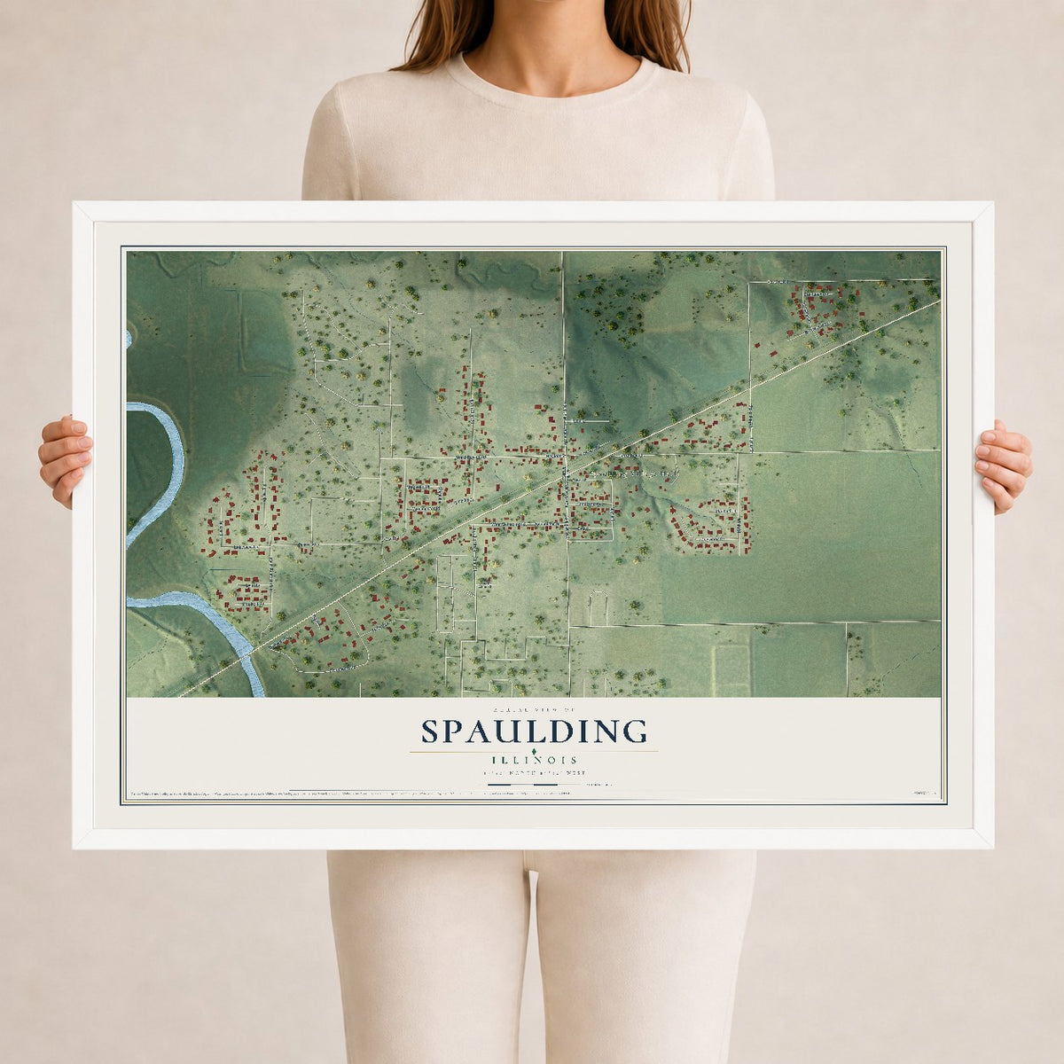 Map of Spaulding, Illinois, 24 x 36 inch print in a white wood frame