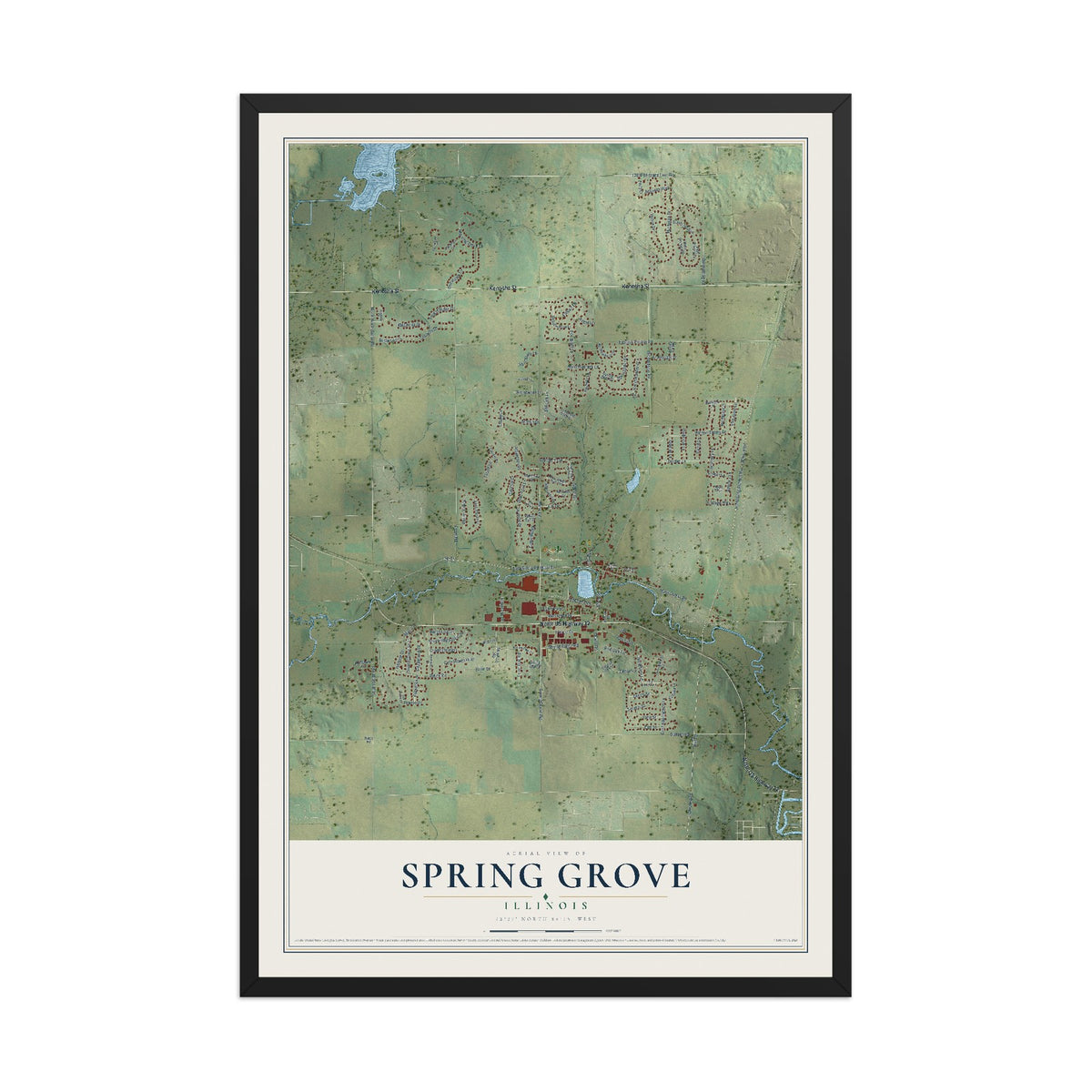 Map of Spring Grove, Illinois, 12 x 18 inch print in a black wood frame