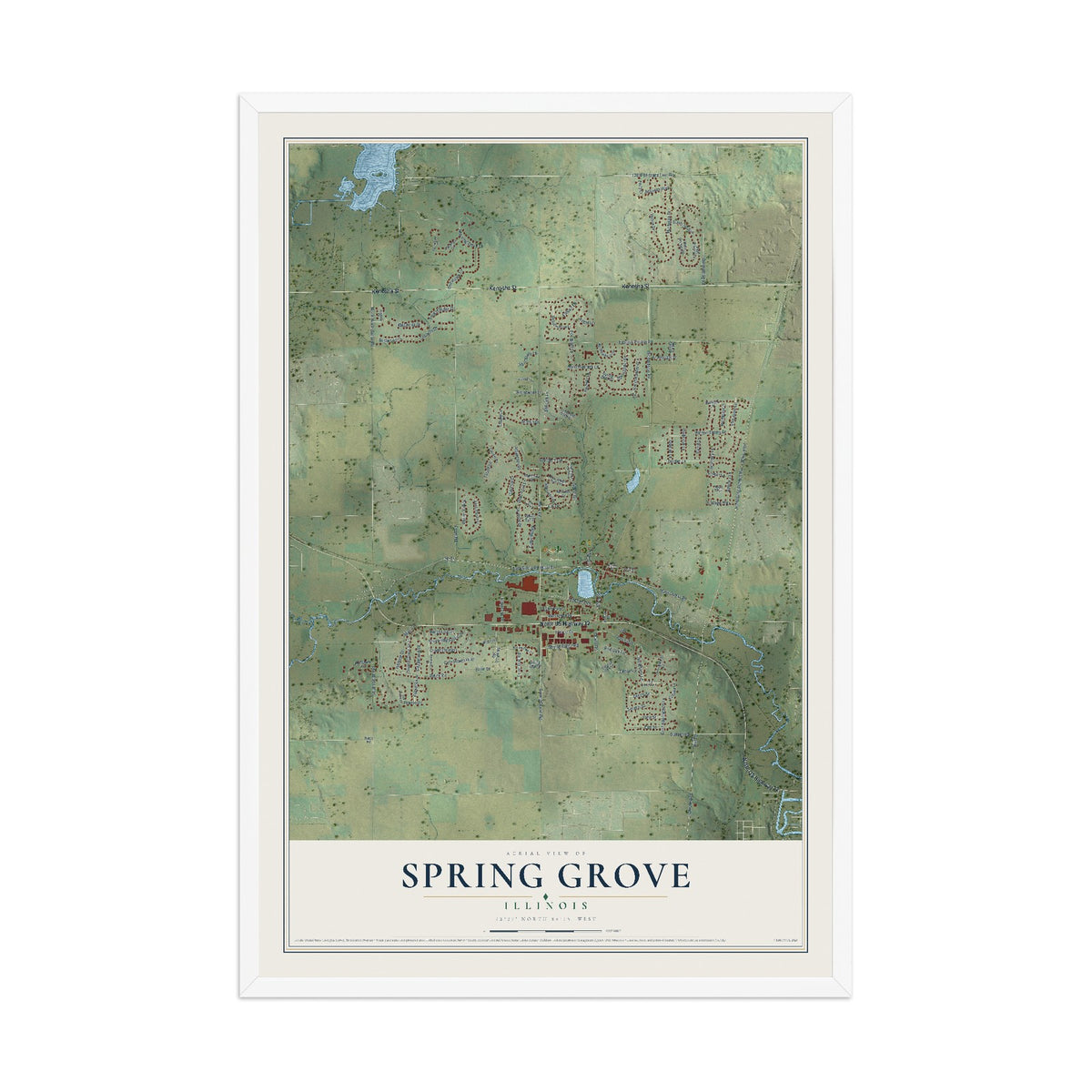 Map of Spring Grove, Illinois, 12 x 18 inch print in a white wood frame