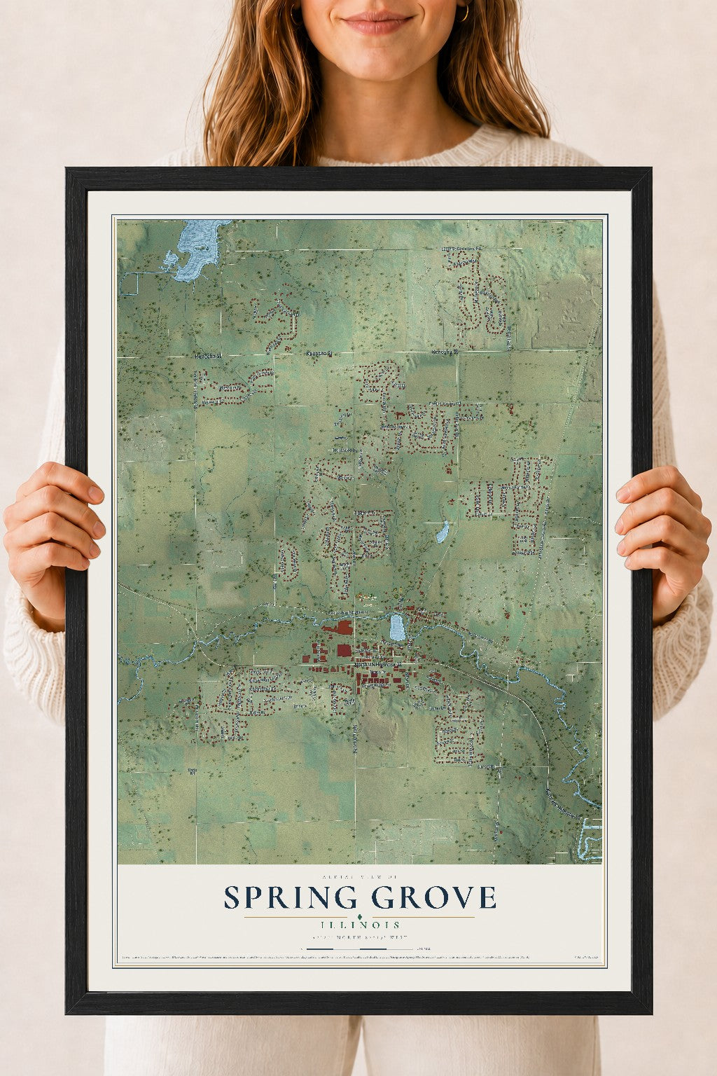 Map of Spring Grove, Illinois, 18 x 24 inch print in a black wood frame