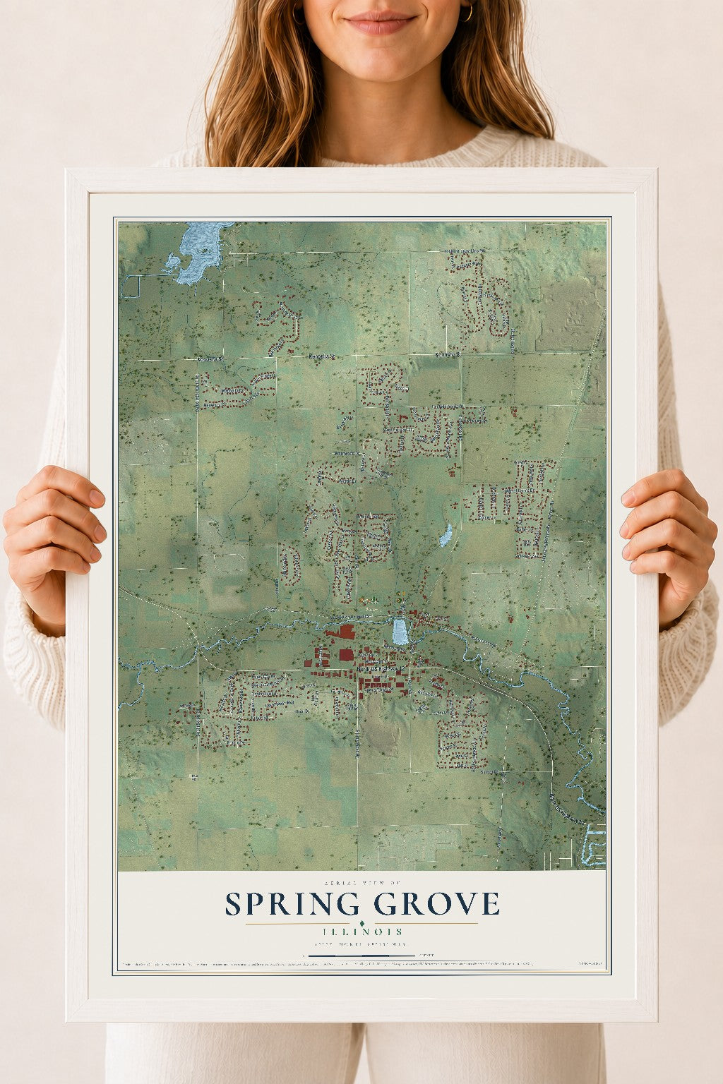 Map of Spring Grove, Illinois, 18 x 24 inch print in a white wood frame